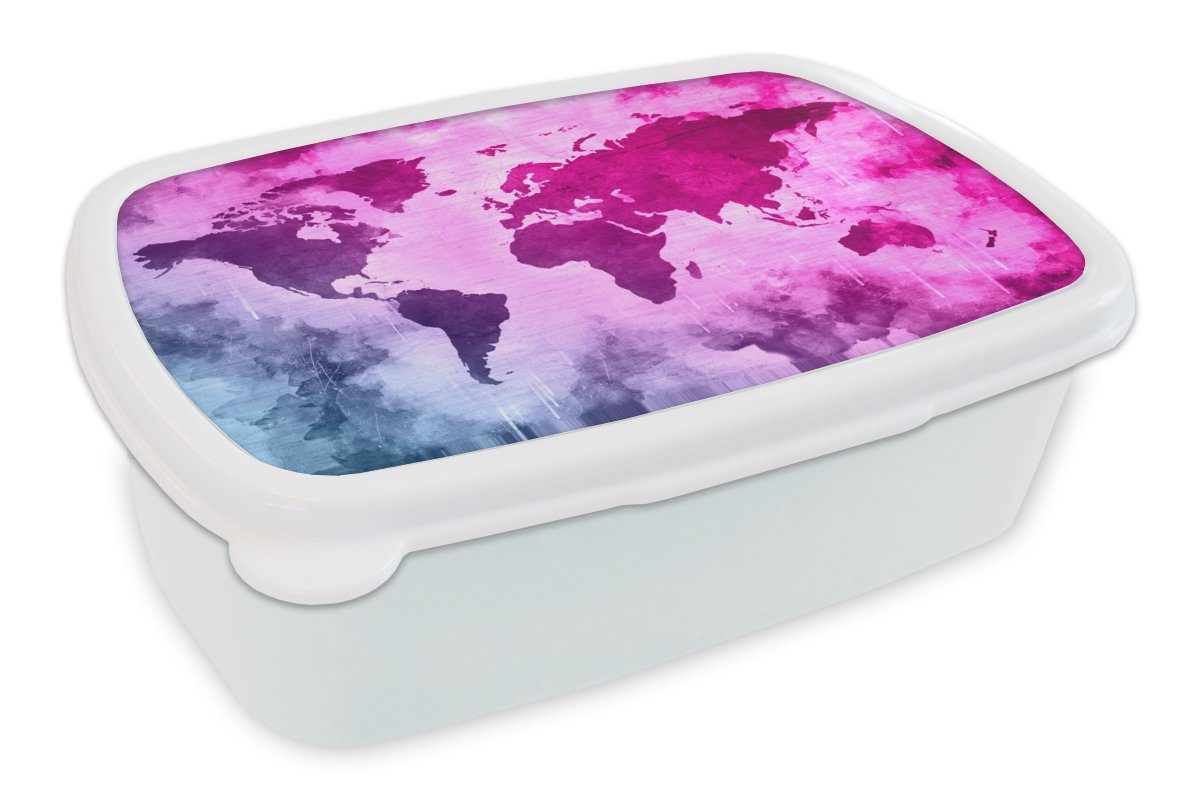 MuchoWow Lunchbox Weltkarte - Blau - Rosa, Kunststoff, (2-tlg), Brotbox für Kinder und Erwachsene, Brotdose, für Jungs und Mädchen weiß