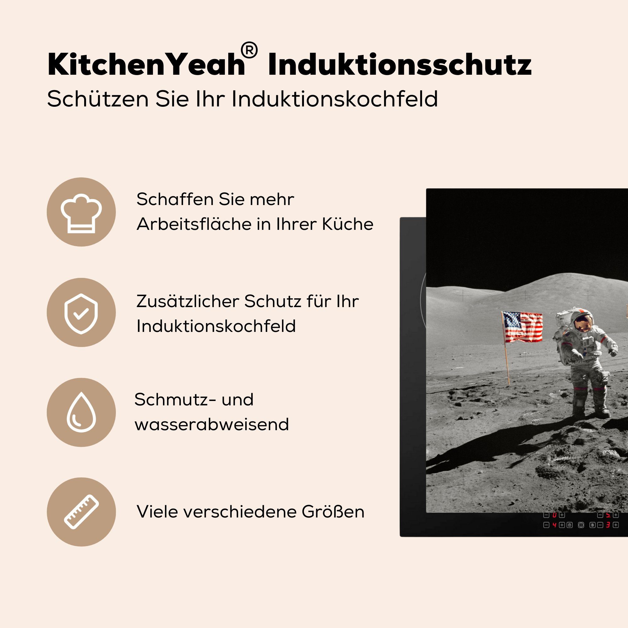 MuchoWow Herdblende-/Abdeckplatte Mond - Arbeitsplatte (1 Astronaut tlg), Flagge, Ceranfeldabdeckung, 78x78 für cm, Vinyl, - küche