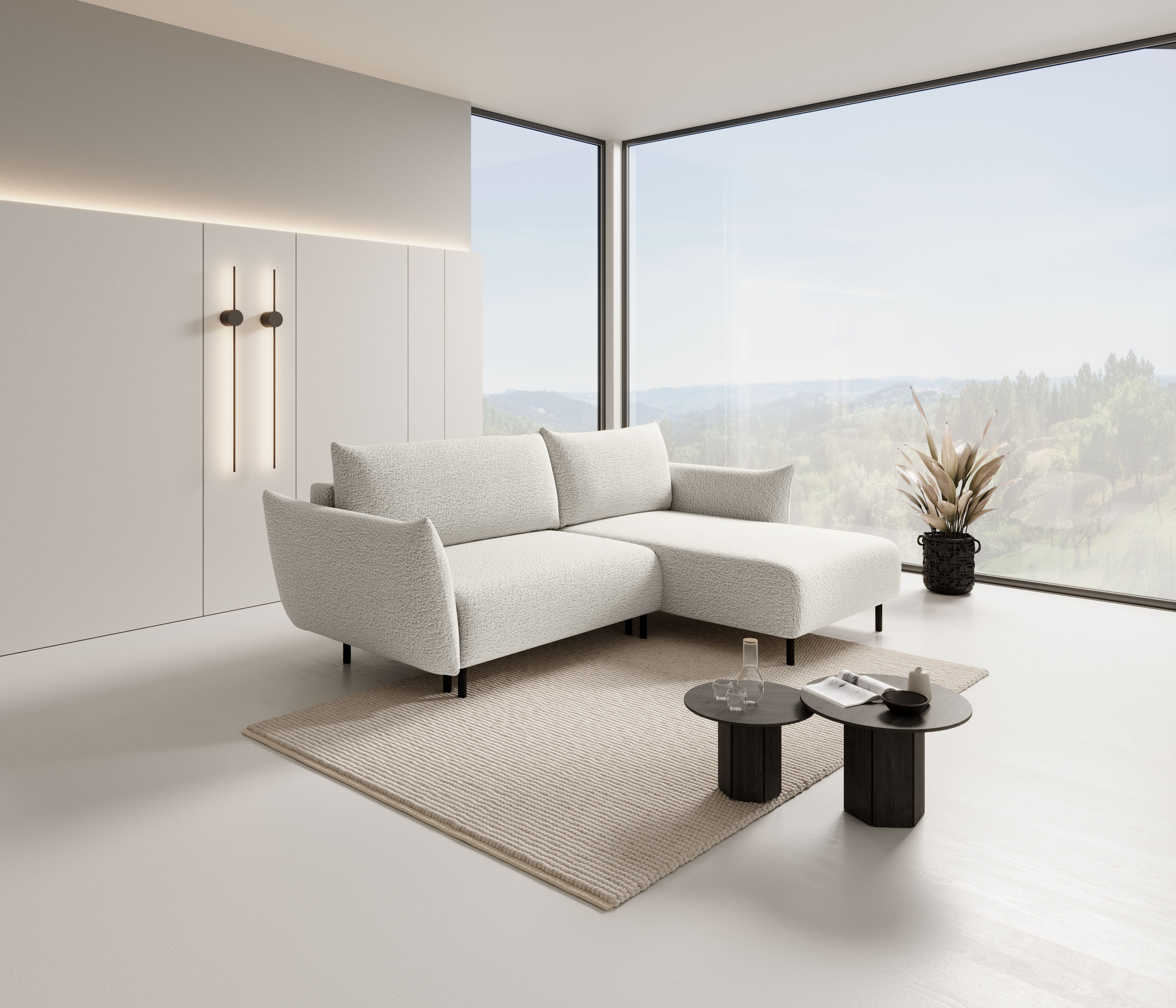 Goldstoff Ecksofa "FIDES" mit Schlaffunktion & Bettkasten - Modernes Wohnzimmer Sofa, 1 Teile, Modernes Ecksofa mit Ottomane, Schlafsofa & Stauraumfunktion