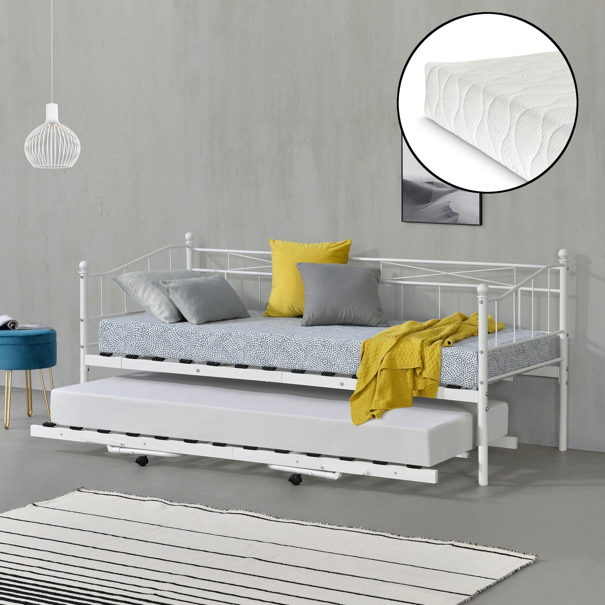 en.casa Metallbett, Skutskär Kojenbett 90x200cm 2 Matratzen Weiß