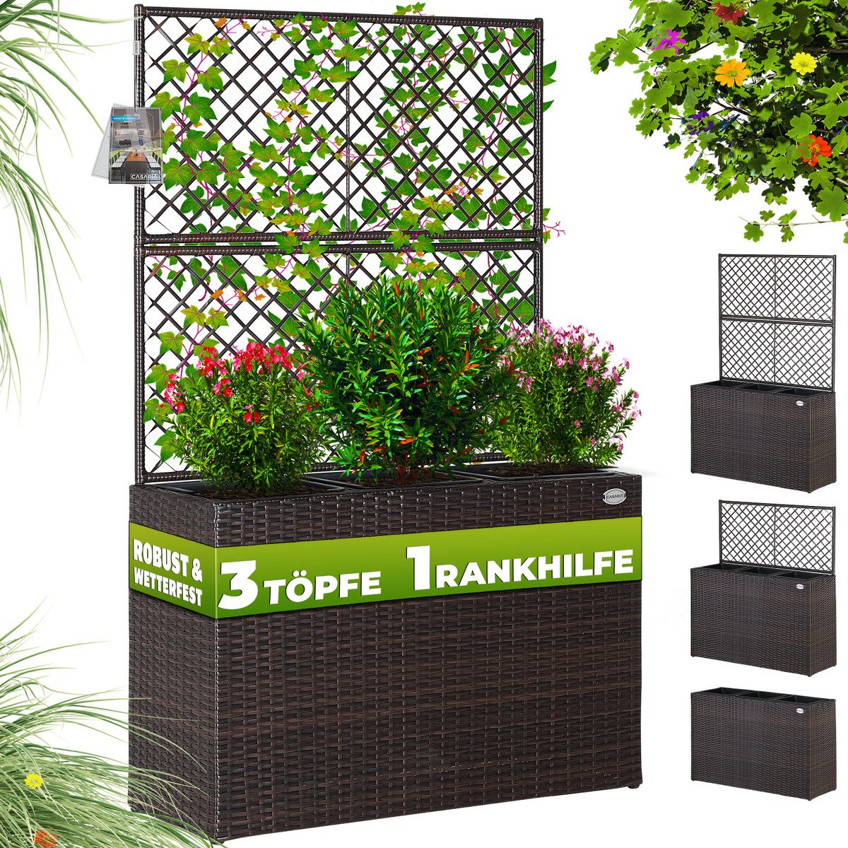 Casaria Spalier, Blumenkasten Rankgitter 3 Innentöpfe Polyrattangeflecht Rankhilfe