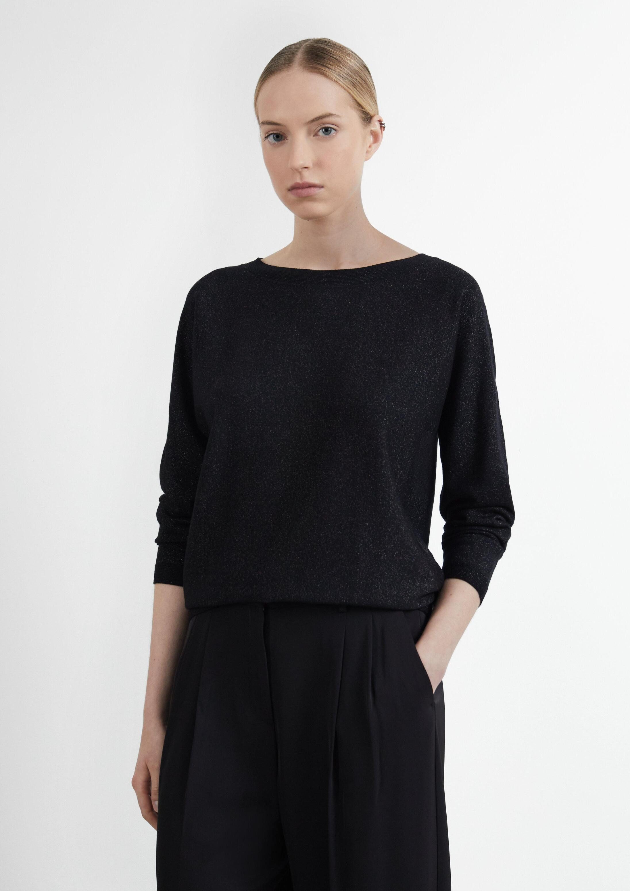 comma Longpullover Strickpullover Feinstrick-Pullover mit Glitzergarn und U-Boot-Ausschnitt