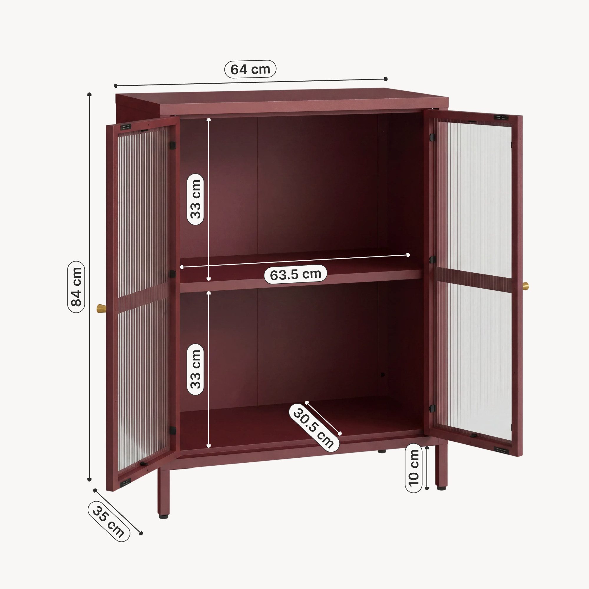 en.casa Sideboard, »Säkylä« Stahl mit 2 Glastüren geriffelt 84x64x35 cm Bordeaux