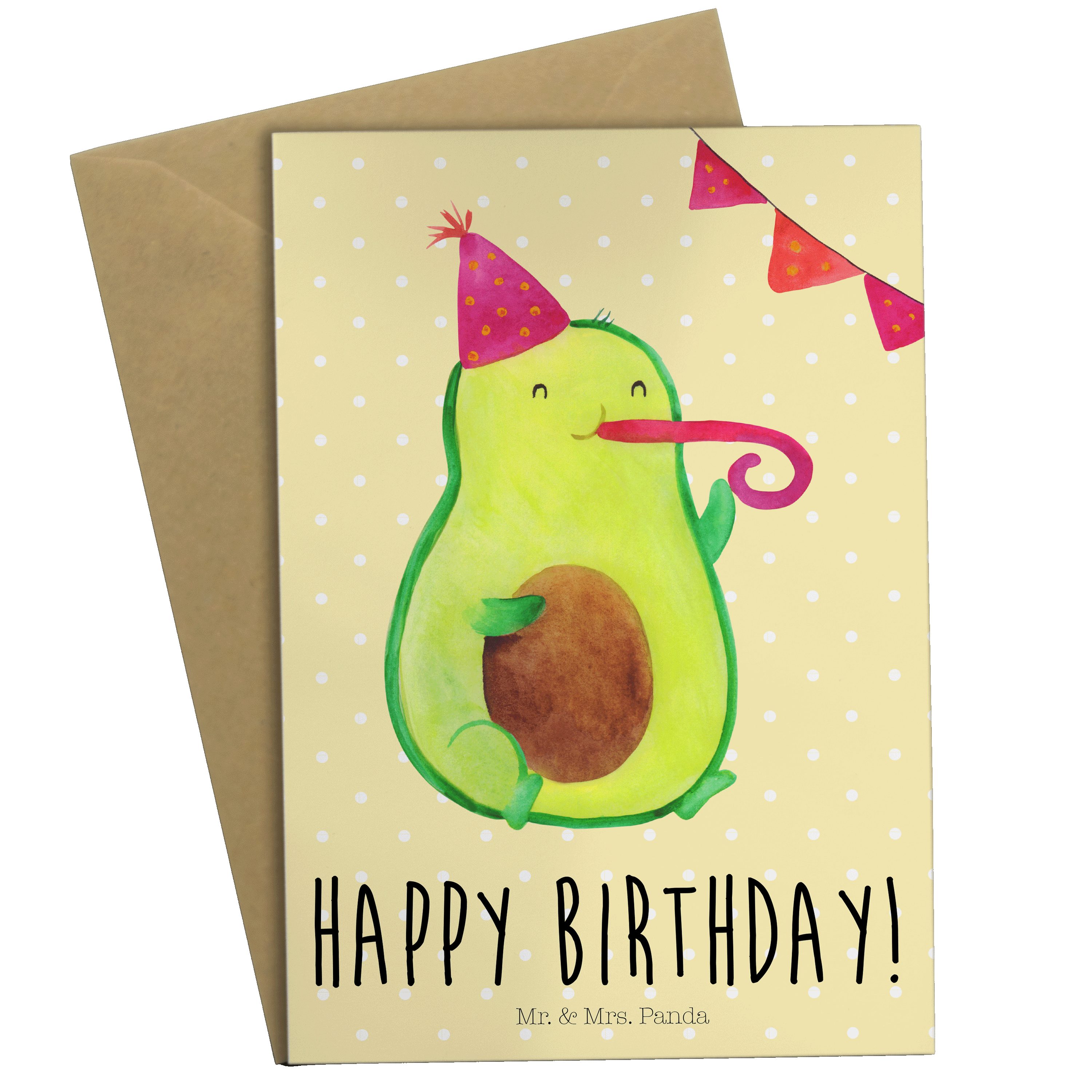 Mr. & Mrs. Panda - Party, - Grußkarte Geb Birthday Avocado Gelb Geschenk, Pastell Vegan, Veggie