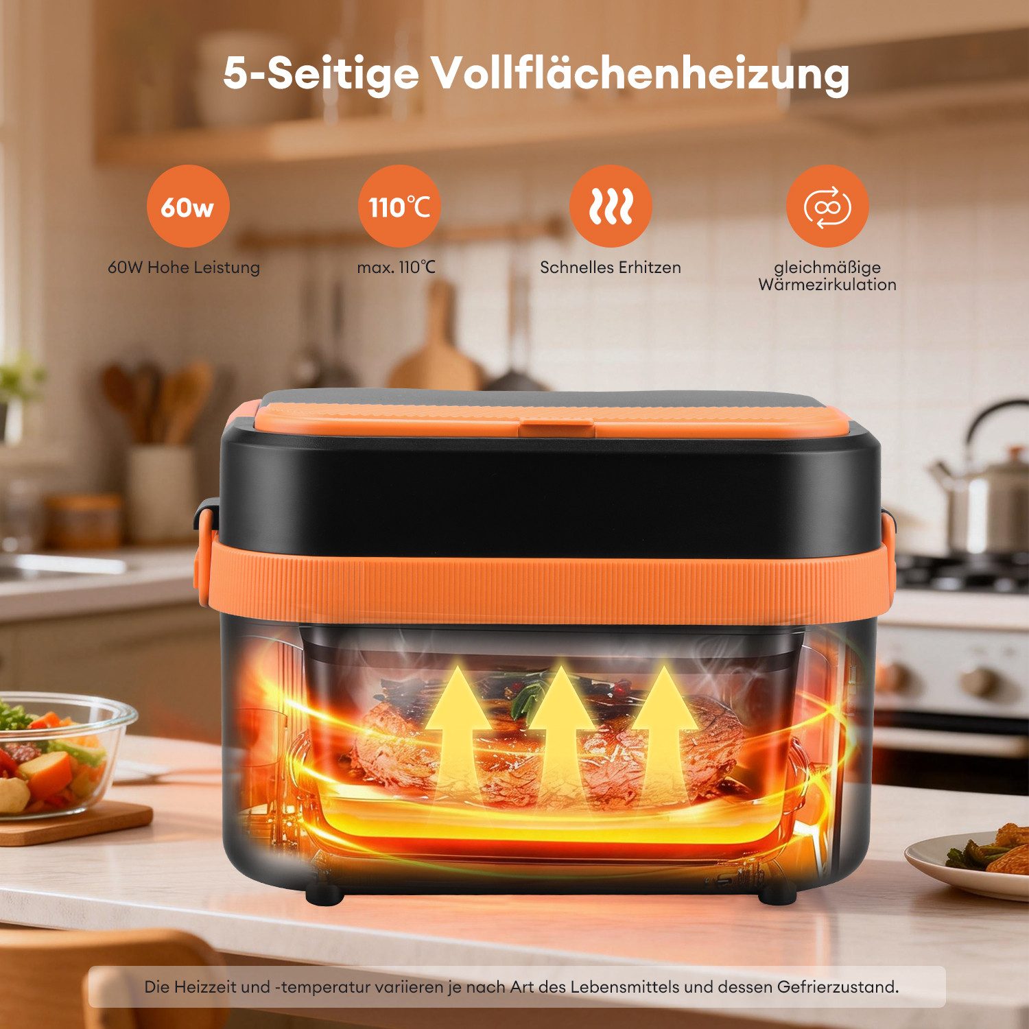 CkeyiN Elektrische Lunchbox Kabellos 1,5 L Batteriebetrieben Beheizbare Lunchbox 18000mAh, 60W selbstheizender Speisenwärmer für Büro Auto Reisen