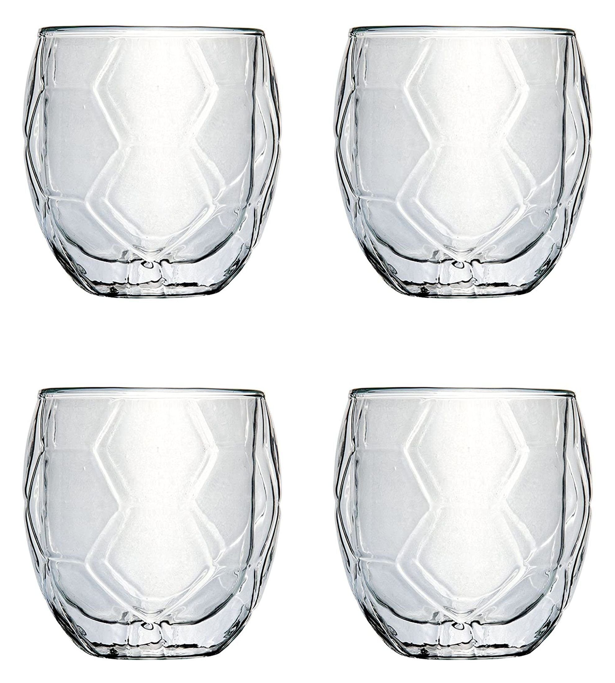 Feelino Gläser-Set 4x Trinkglas Wasserglas Glas 350ml Fußball Thermoglas Doppelwandig, Glas