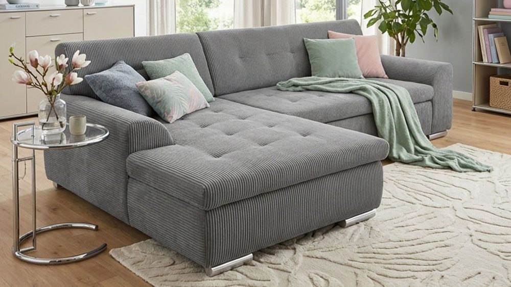 DOMO collection Ecksofa TREVISO viele Bezüge, auch in Cord, L-Form, 267x178 cm, wahlw. mit Bettfunktion, inkl. Zierkissen, Unser Dauertiefpreis