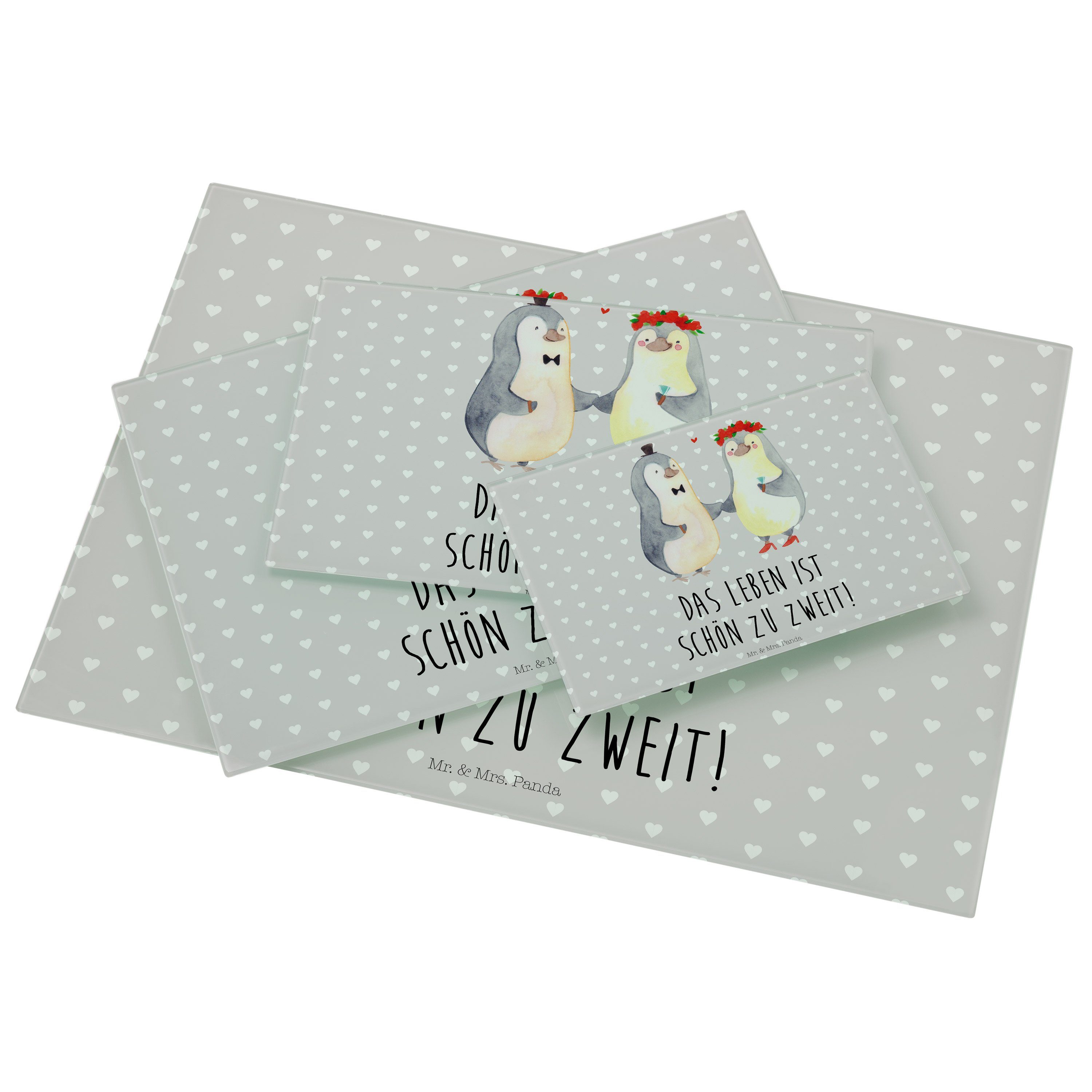 Mr. & Mrs. Panda Servierbrett Pinguin Heirat - Grau Pastell - Geschenk, Heiraten, Hocheitstag, Brau, Premium Glas, (1-St)