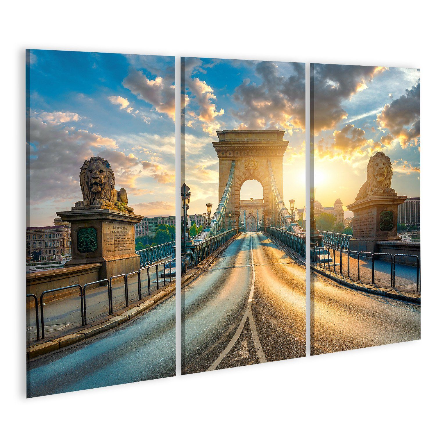 islandburner Leinwandbild Bild auf Leinwand Kettenbrücke Budapest Statuen Löwen Sonnenaufgang Un