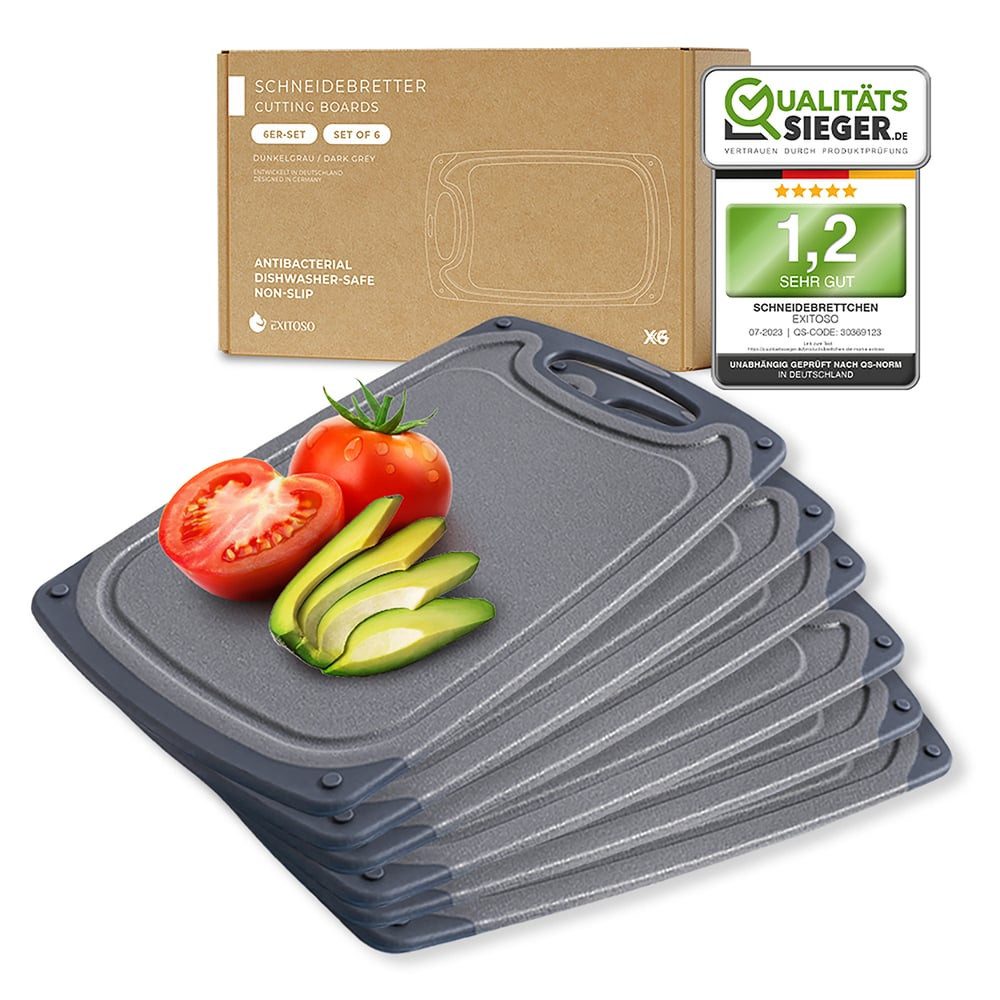 Exitoso Schneidebrett 6er-Set spülmaschinenfest mit Saftrille, Kunststoff, (6-St), Brotzeitbrett Frühstücksbrettchen Brot Obst Steak rutschfest