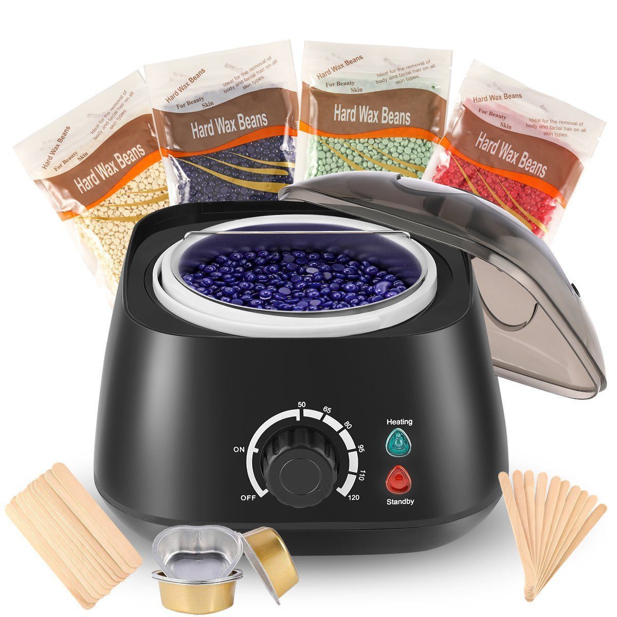 oyajia Enthaarungswachs Wachswärmer Set, Haarentfernung Waxing Kit mit 4X100g Wachsperlen, 20 Holzspateln, 5 x Aluminiumfolienschale, für Gesicht, Bikini, Bein