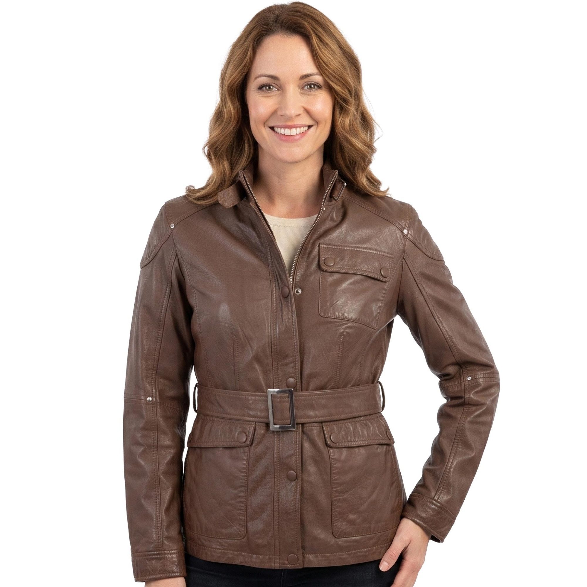 Jilani Lederjacke Dila Jilani - Damen Lederjacke Gürtel Lammnappa dunkelbraun