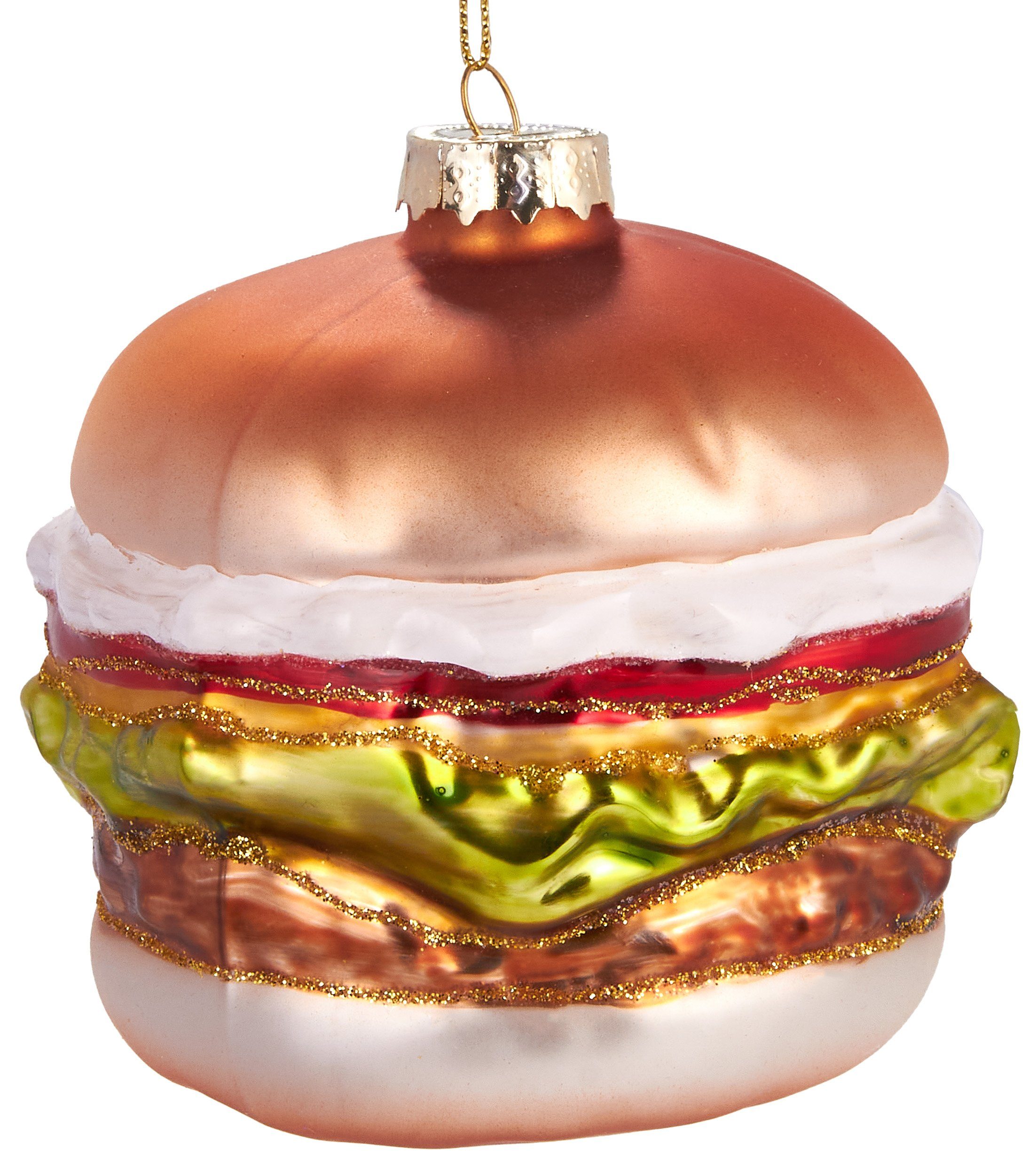 BRUBAKER Christbaumschmuck Mundgeblasene Weihnachtskugel Saftiger Cheesburger, kulinarische Weihnachtsdekoration aus Glas, handbemalt - 9 cm