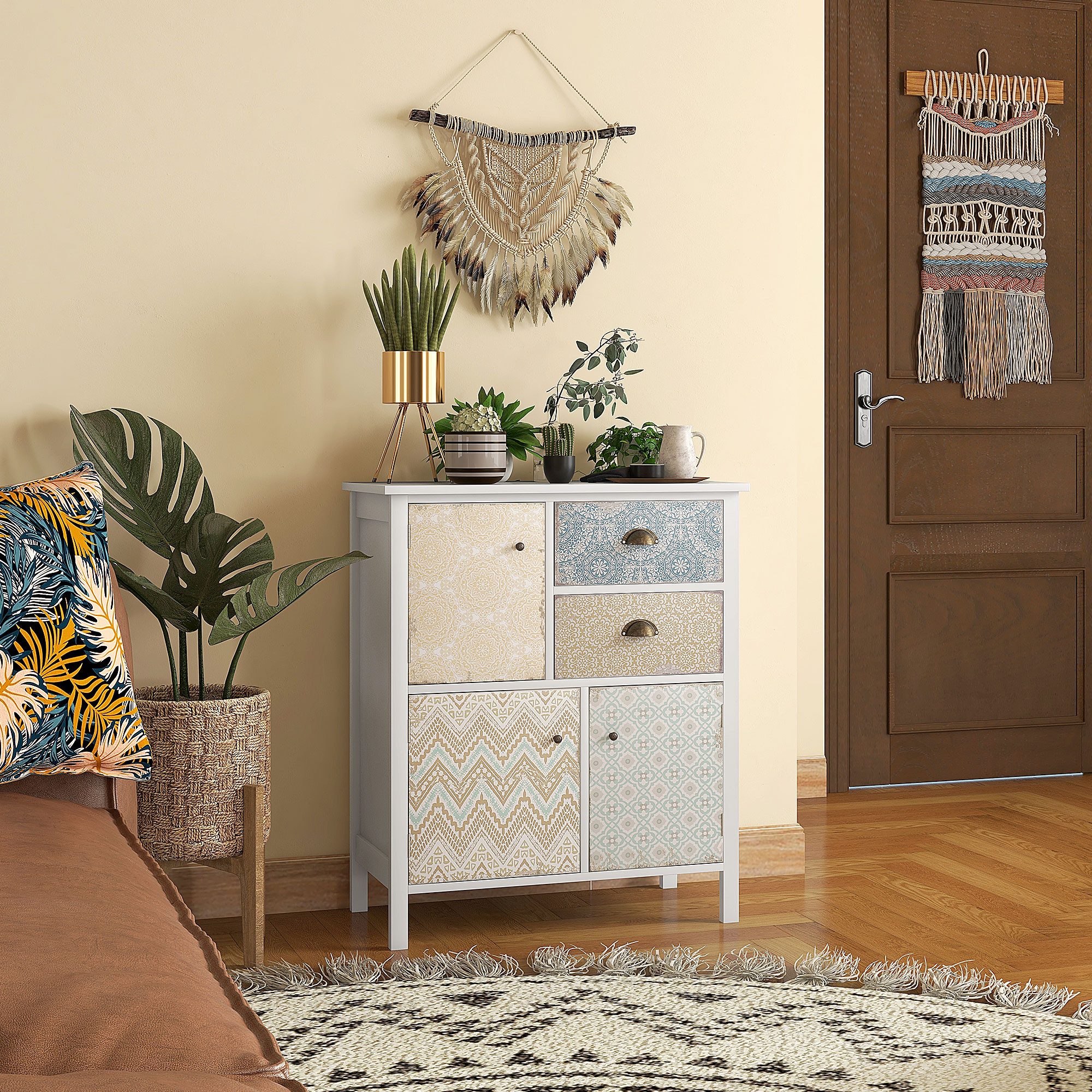 HOMCOM Kommode mit Holzrahmen, 2 Schubladen, 3 Schrankfächer (Aufbewahrungskommode, 1 St., Schrank mit Schubladen), für Schlafzimmer, Wohnzimmer, Weiß