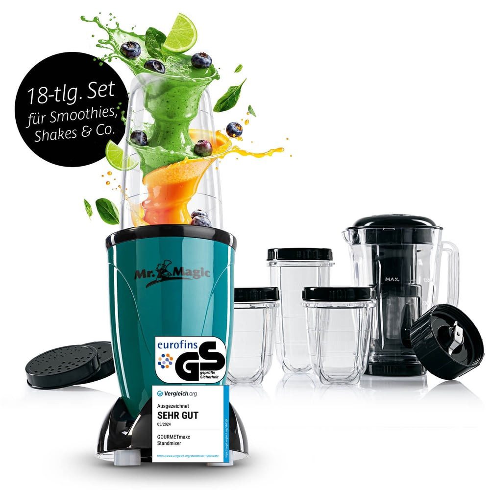 GOURMETmaxx Standmixer Smoothie Maker & Standmixer 18tlg. Set - 400W, 400 W, Mixer inkl. 4 To-Go Becher, 2 Klingen, Entsafter, Stößel & Deckel