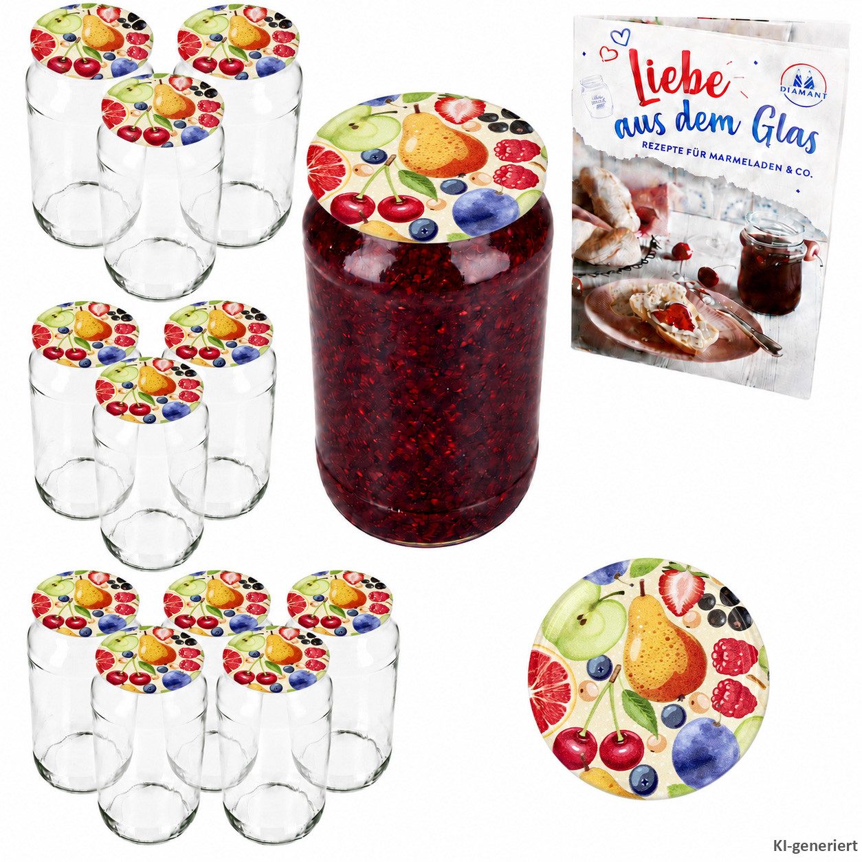 MamboCat Einmachglas Sturzglas Comic-Obst 12er Set mit Deckel und Rezeptheft, Glas
