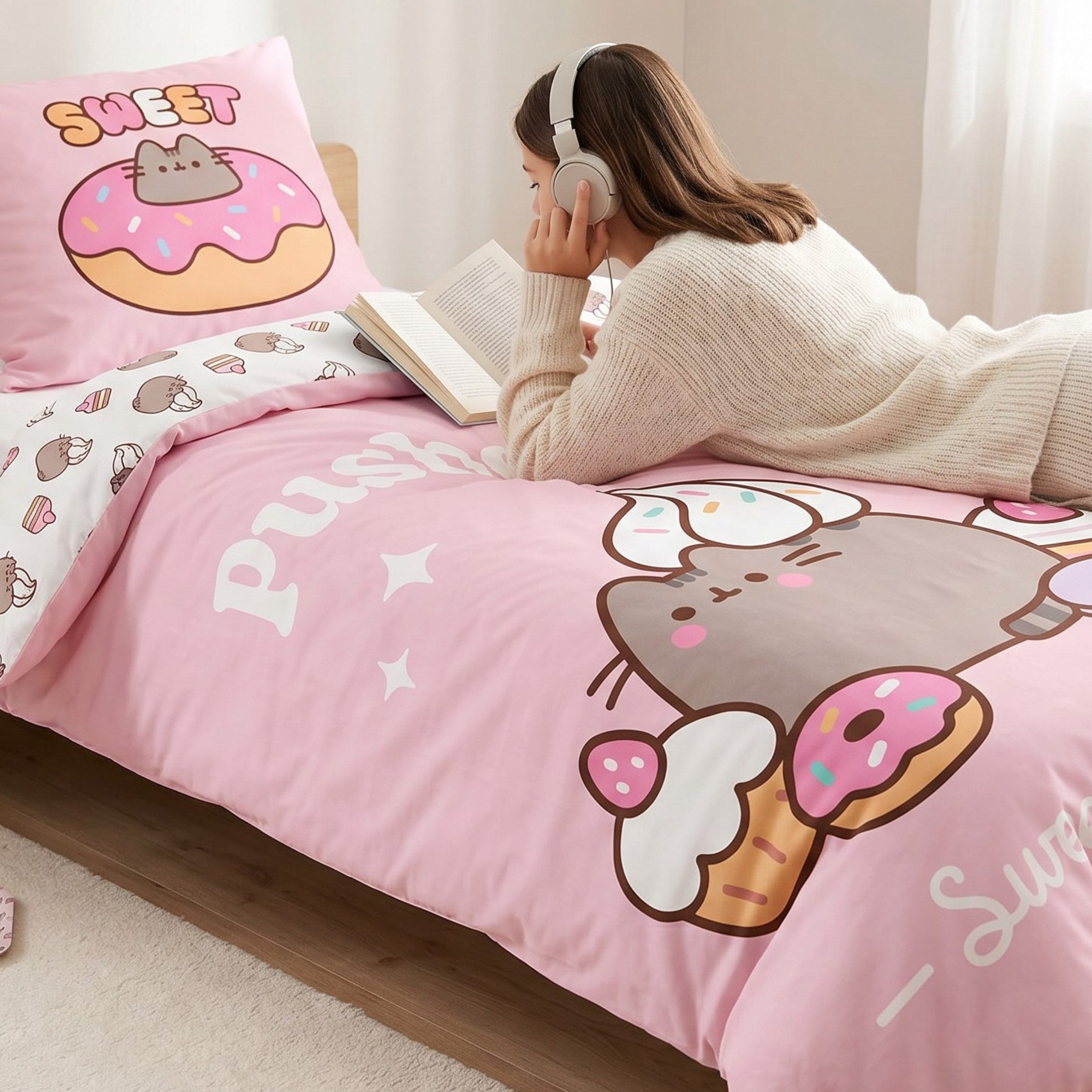 MTOnlinehandel Bettwäsche Pusheen Katze in 135x200 + 80x80 cm, Kawaii, Mikrofaser, 2 teilig, Wendebettwäsche für Kinder und Teenager, süß & niedlich