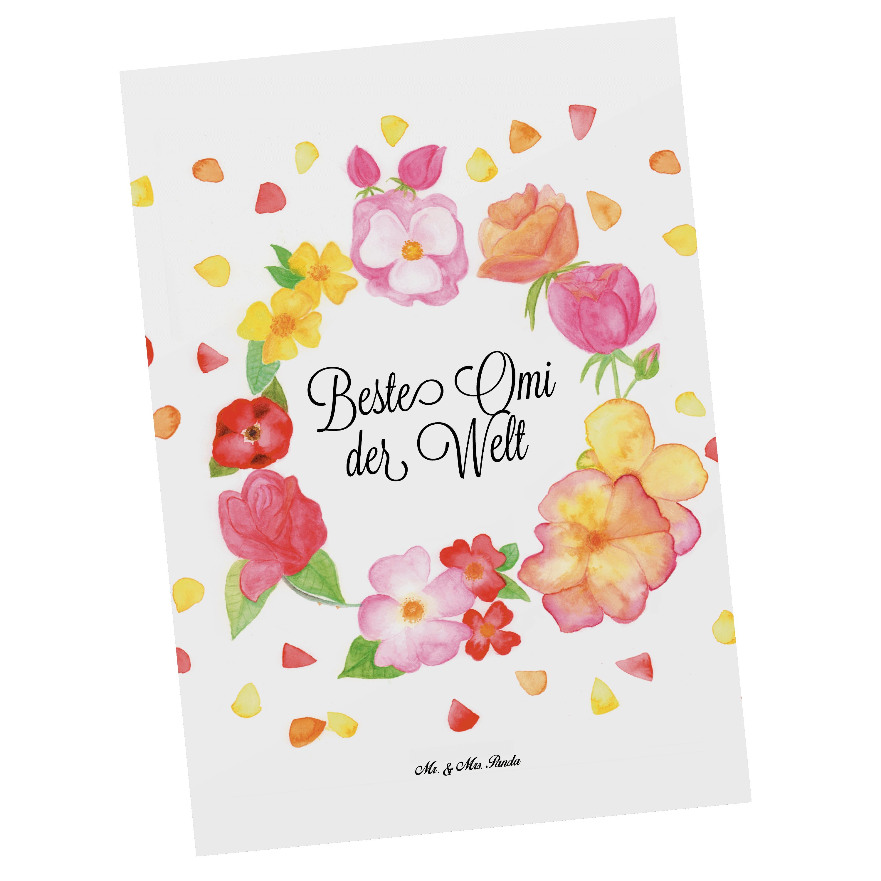 Mr. & Mrs. Panda Postkarte Omi - Weiß - Geschenk, Kleinigkeit, Blumen Liebe Flower, Einladungska