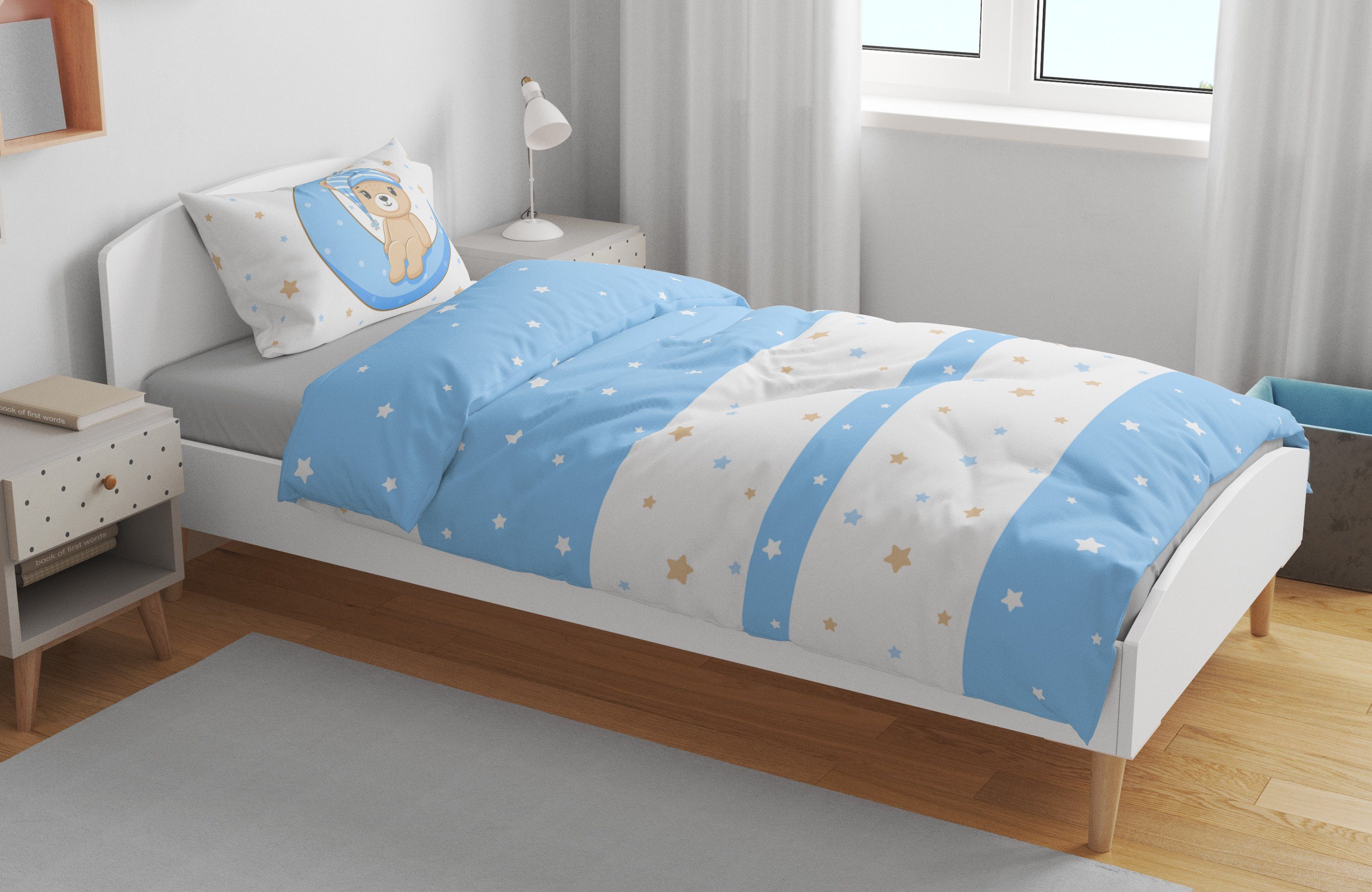 One Home Babybettwäsche Teddy Bären, Mikrofaser, 2 teilig, Mond und Sterne für Jungen, Kinder und Babybetten geeignet