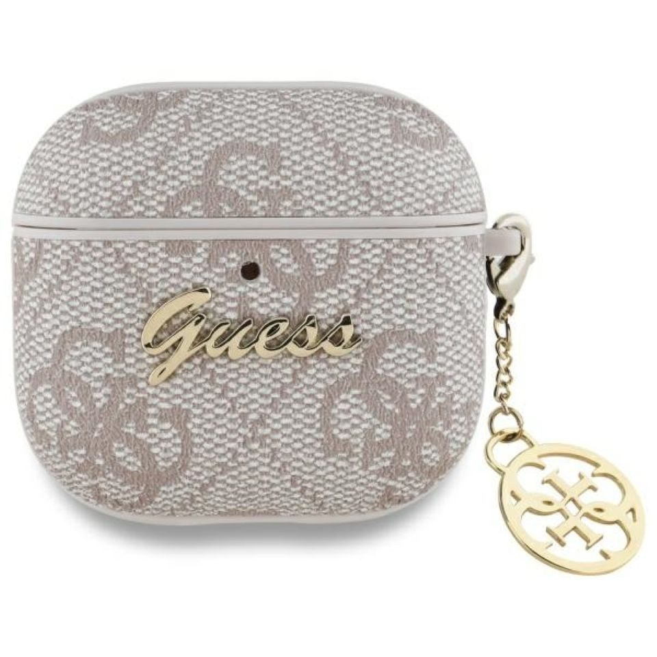 Guess Kopfhörer-Schutzhülle Hülle Case AirPods 4 Kunstleder rosa Logo Metal Kette goldfarbig, Kantenschutz