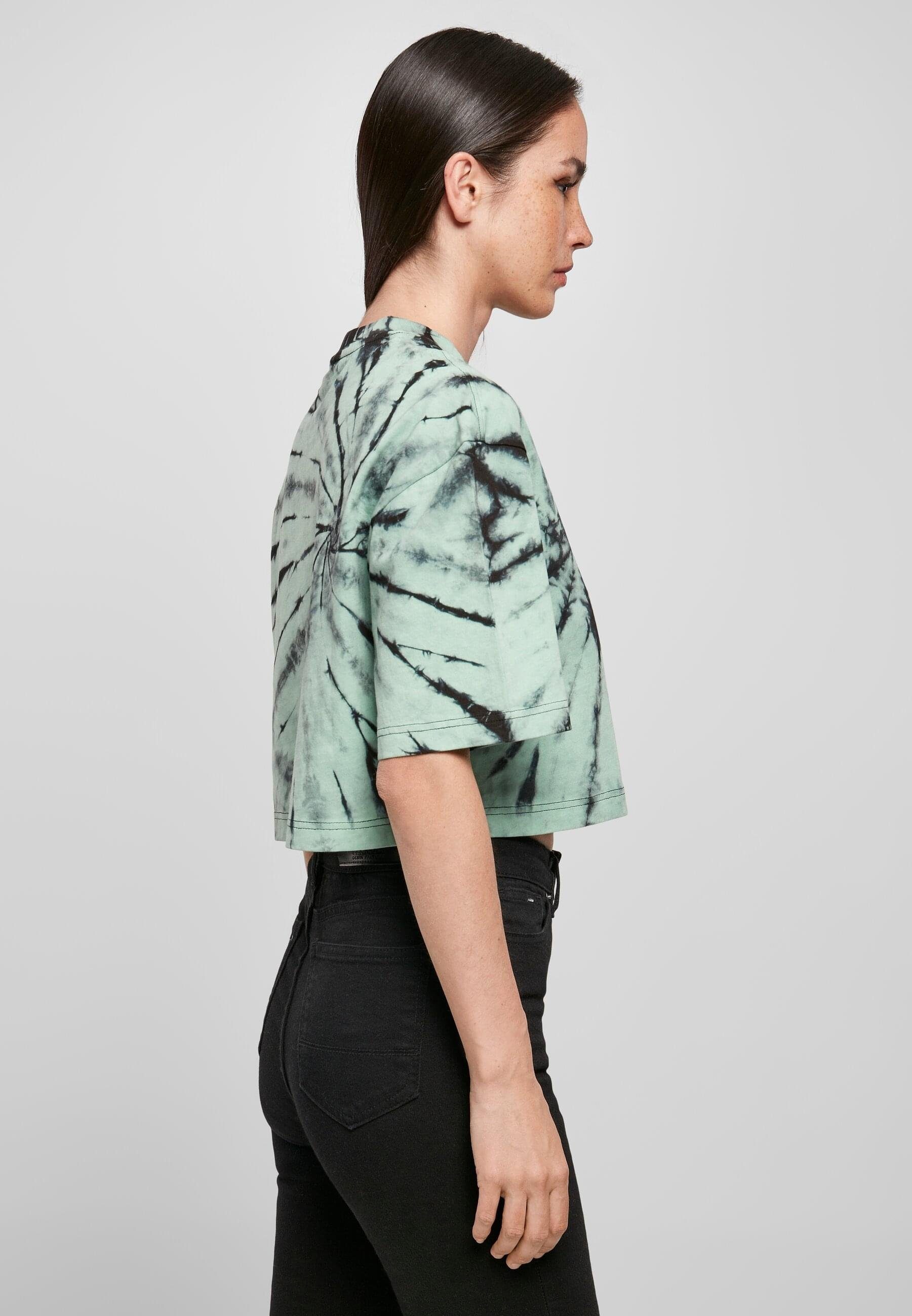 URBAN CLASSICS Kurzarmshirt Damen Ladies (1-tlg) Tee Cropped Tie black/ghostgreen Oversized Dye