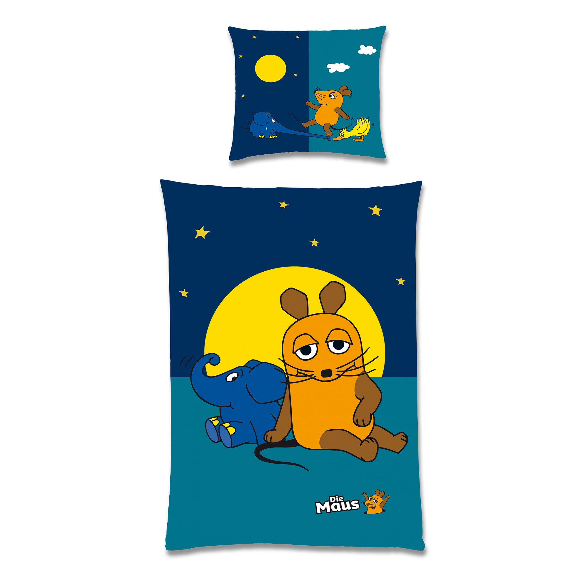 BERONAGE Kinderbettwäsche Die Sendung mit der Maus Bettwäsche Night Biber / Flanell Bettbezug, 100% Baumwolle, 2 teilig, 135x200 + 80x80 cm