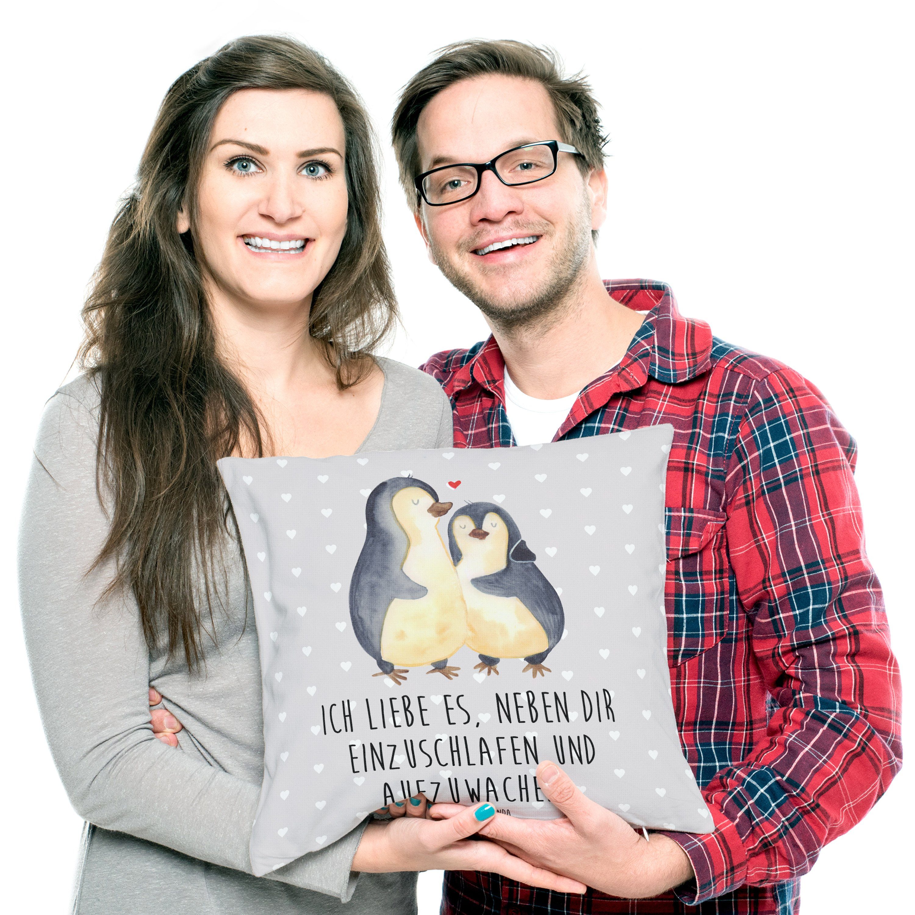 Panda - Mr. Sofakis Mrs. Pinguine & Geschenk, Einschlafen Grau Pastell Valentinstag, - Dekokissen