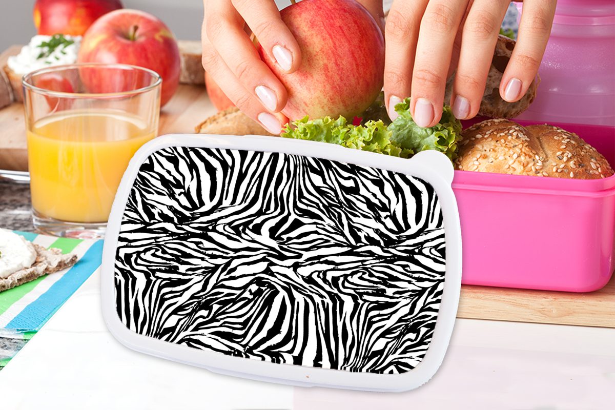 Lunchbox Zebra Muster (2-tlg), für Erwachsene, Kunststoff Brotbox Kinder, MuchoWow rosa - Kunststoff, Mädchen, - Snackbox, Fell, Brotdose