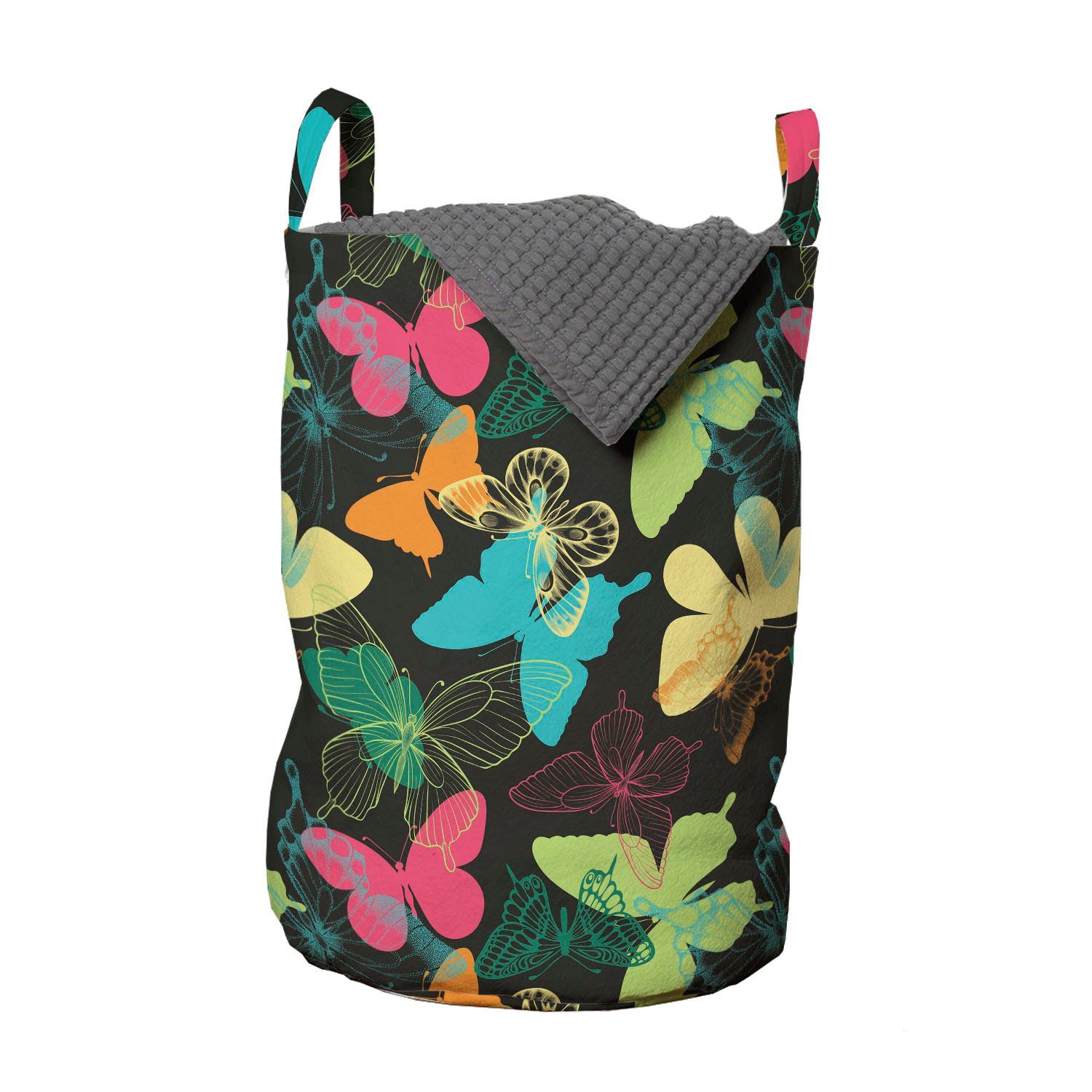 Abakuhaus Wäschesäckchen Wäschekorb mit Griffen Kordelzugverschluss für Waschsalons, Schmetterling Bunte Silhouetten Kunst