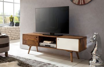 Wohnling Lowboard WL1.974 (TV-Board Sheesham Massivholz 140 cm, Regal Weiß), TV-Kommode mit 2 Türen und 1 Fach, Kabeldurchlass