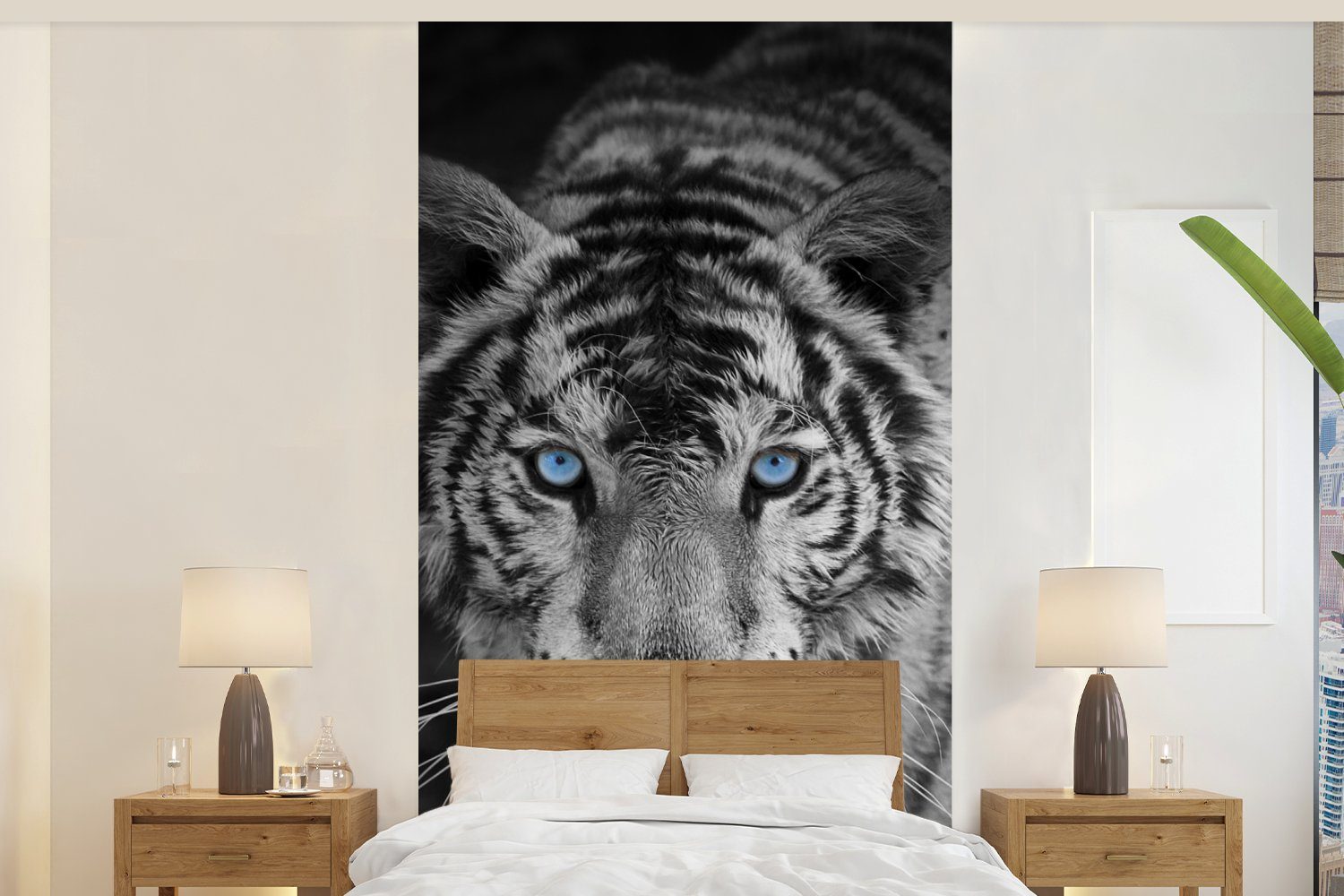 MuchoWow Fototapete Tiere - Tiger für weiß Augen und - Küche, St), bedruckt, Schlafzimmer - Fototapete Vliestapete Wohnzimmer Blau, Schwarz - (2 Matt