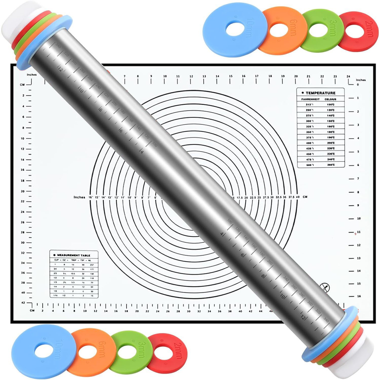 SURFOU Nudelholz Edelstahl Einstellbares 1 Teigroller 1 Silikon Backmatte, für Pizza Kekse Pfannkuchen Pasta Backen Utensilie