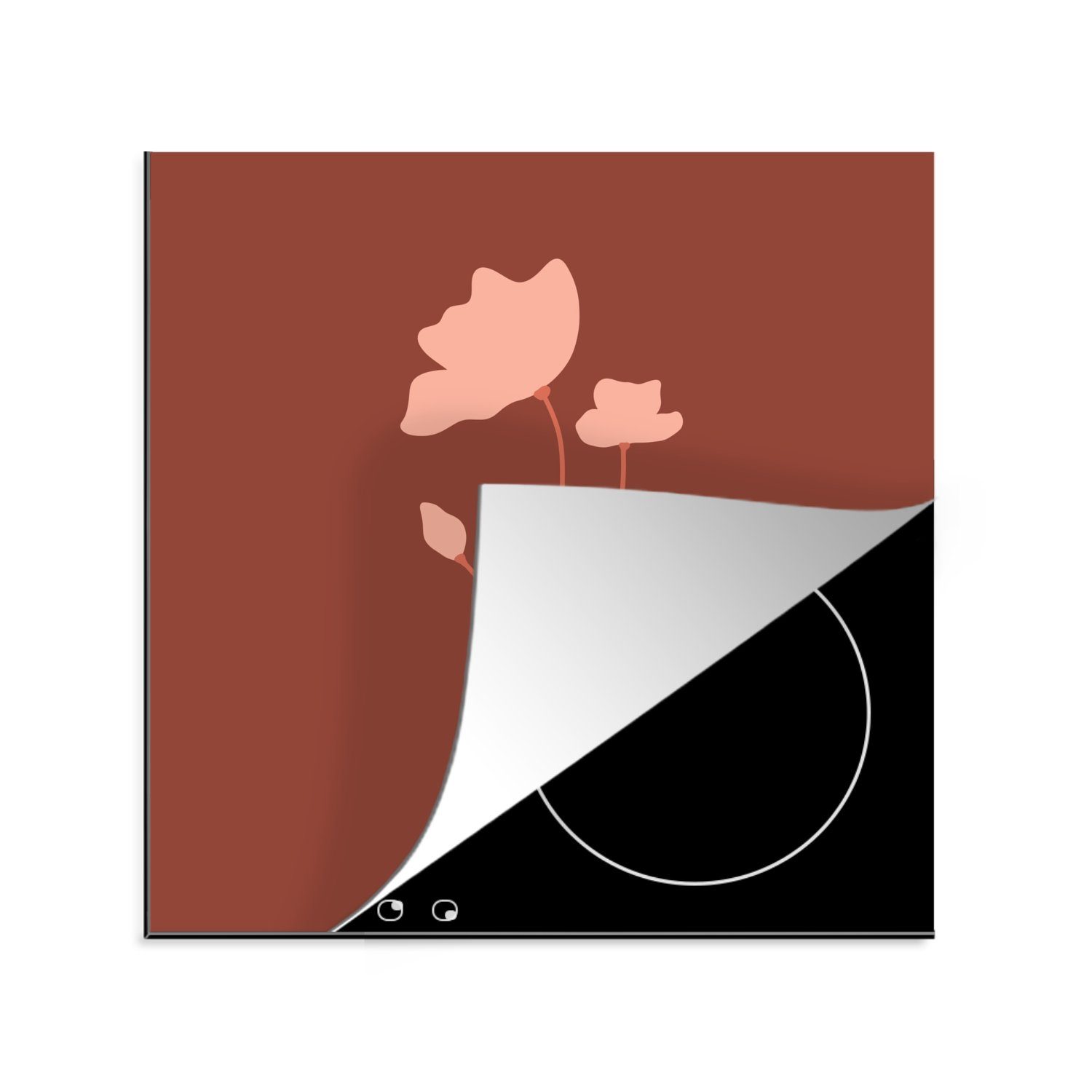 für MuchoWow mit 78x78 tlg), küche rosa cm, (1 Arbeitsplatte Vinyl, Ceranfeldabdeckung, einer Hintergrund, Illustration Herdblende-/Abdeckplatte Blume braunem