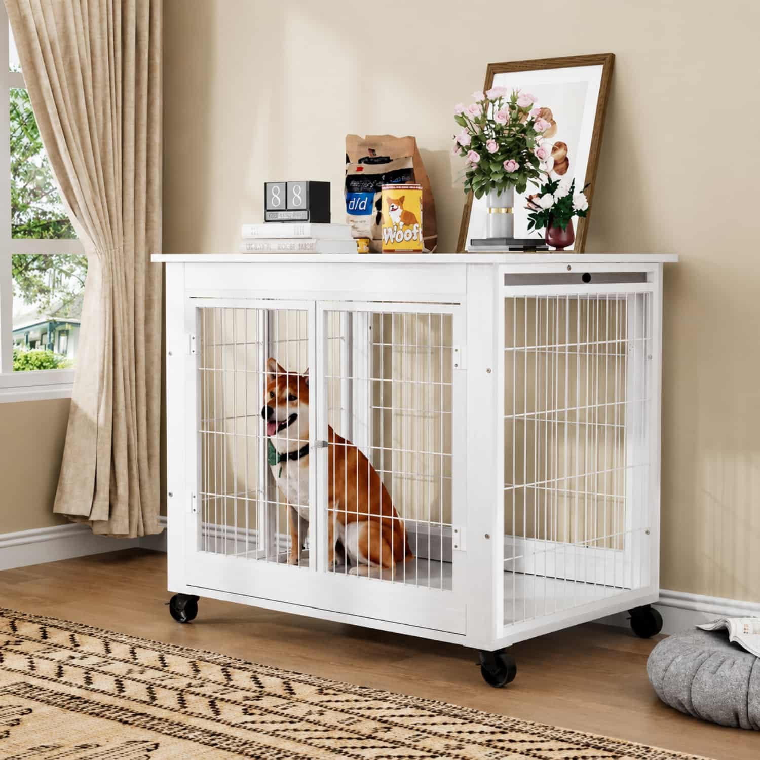 ANYSUN Hundehütte Möbel Hundebox, Hundehütte Innenbereich mit Doppeltür & Rollen, 80 × 56 × 69,5 cm, Klappdach, Stahlgitter & 80 kg belastbar