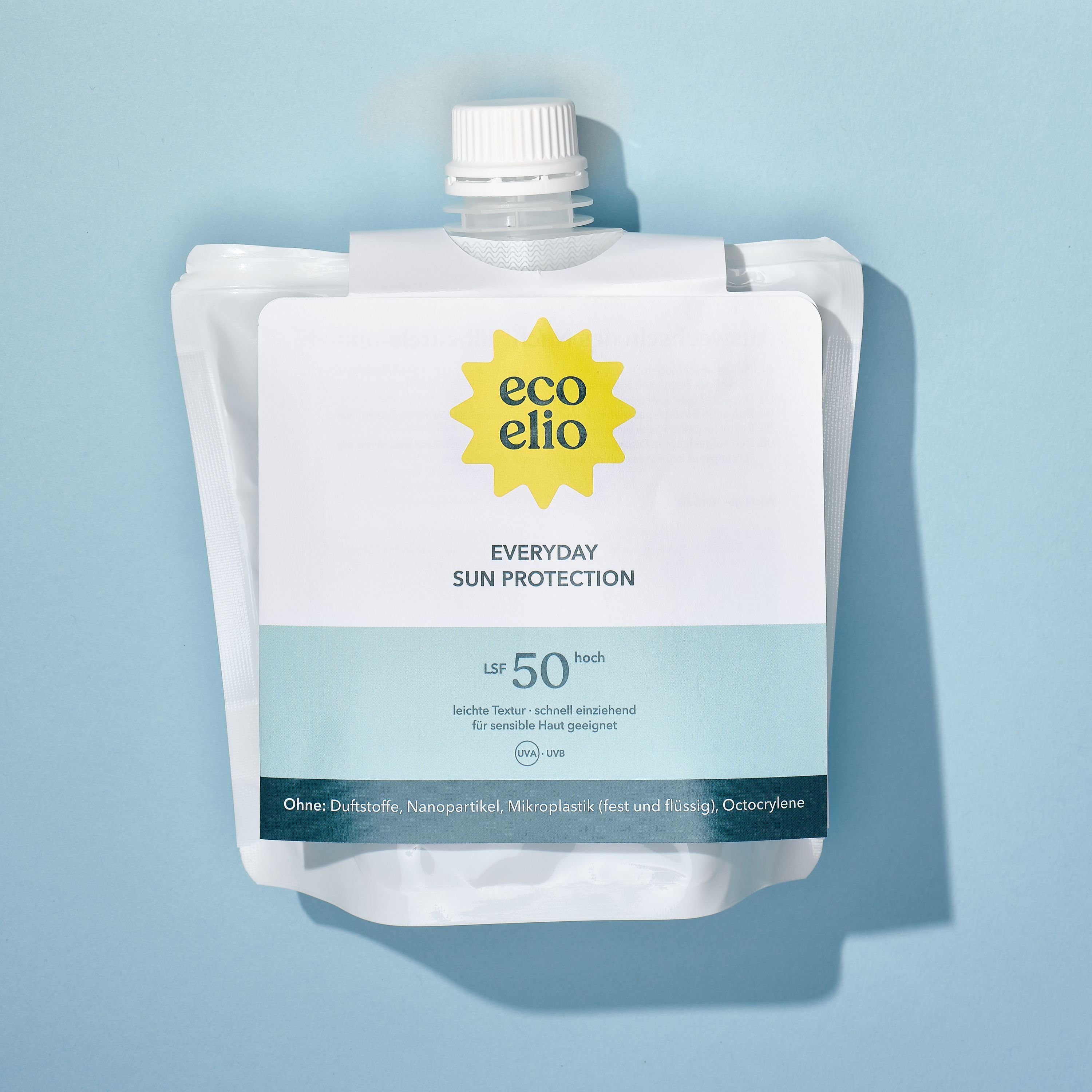 elio eco Nachfüllpack, LSF Sonnenschutzfluid Refill, einziehend schnell & Nachhaltig Hautverträglich, 50