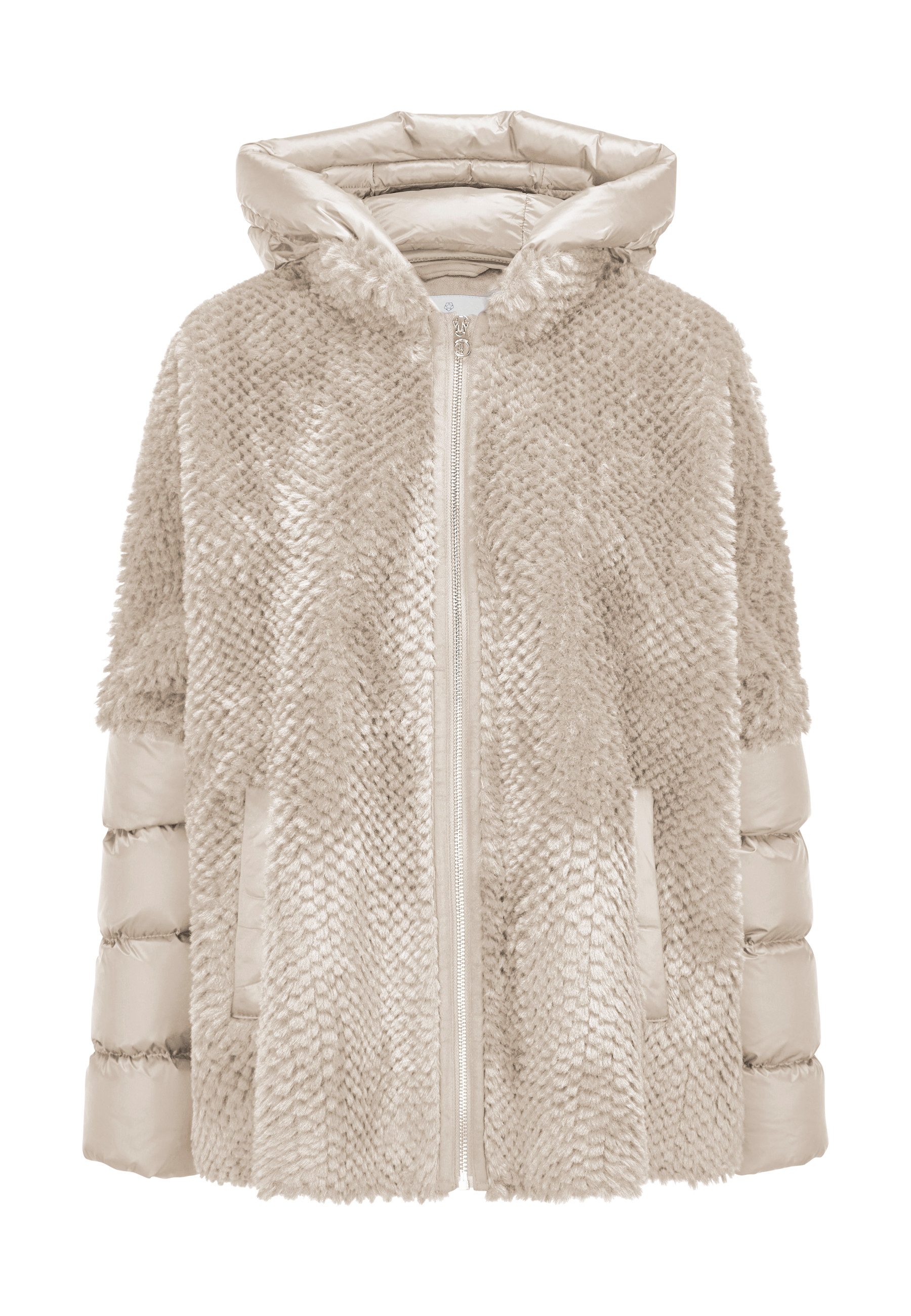 Milestone Cape MSWega Fake-Fur-Stepp-Mix mit veganer Fake-Daune & abnehmbarer Kapuze