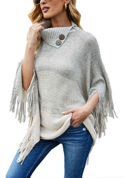 Vivi Idee Strickponcho Damen Strickponcho mit Kragen, Winter warme Schal Пуловери angenehm weich und elastisch, Einheitsgröße