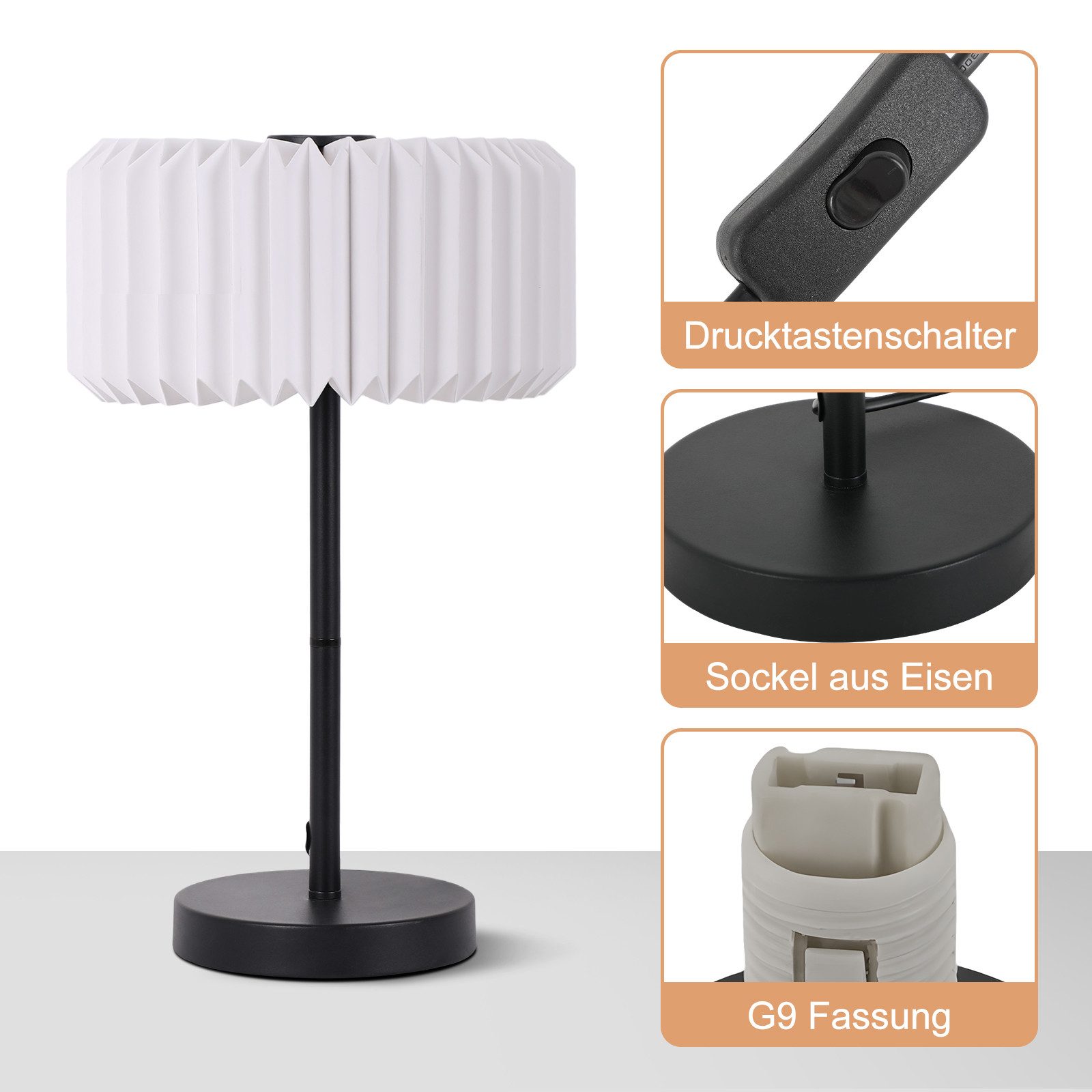 ZMH Tischleuchte G9 Origami Papier Weiß, ohne Leuchtmittel, Nachttischlampe mit Metallfuß und Kabelschalter, max. 40 W – Bild 5 von 5