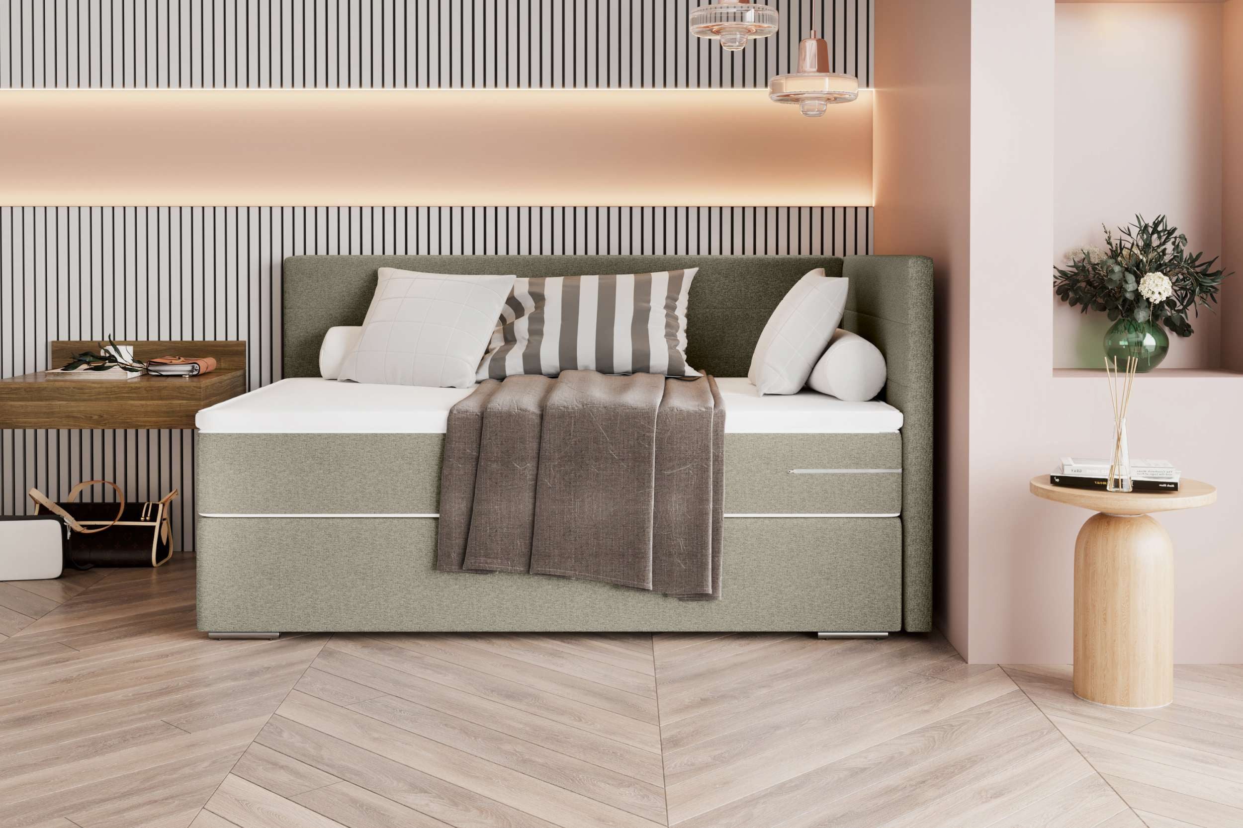 99rooms Boxspringbett Phönix Mini Plus (Schlafzimmerbett, Bett), mit Taschenfederkernmatratze und Topper, in Webstoff MALMO_NEW