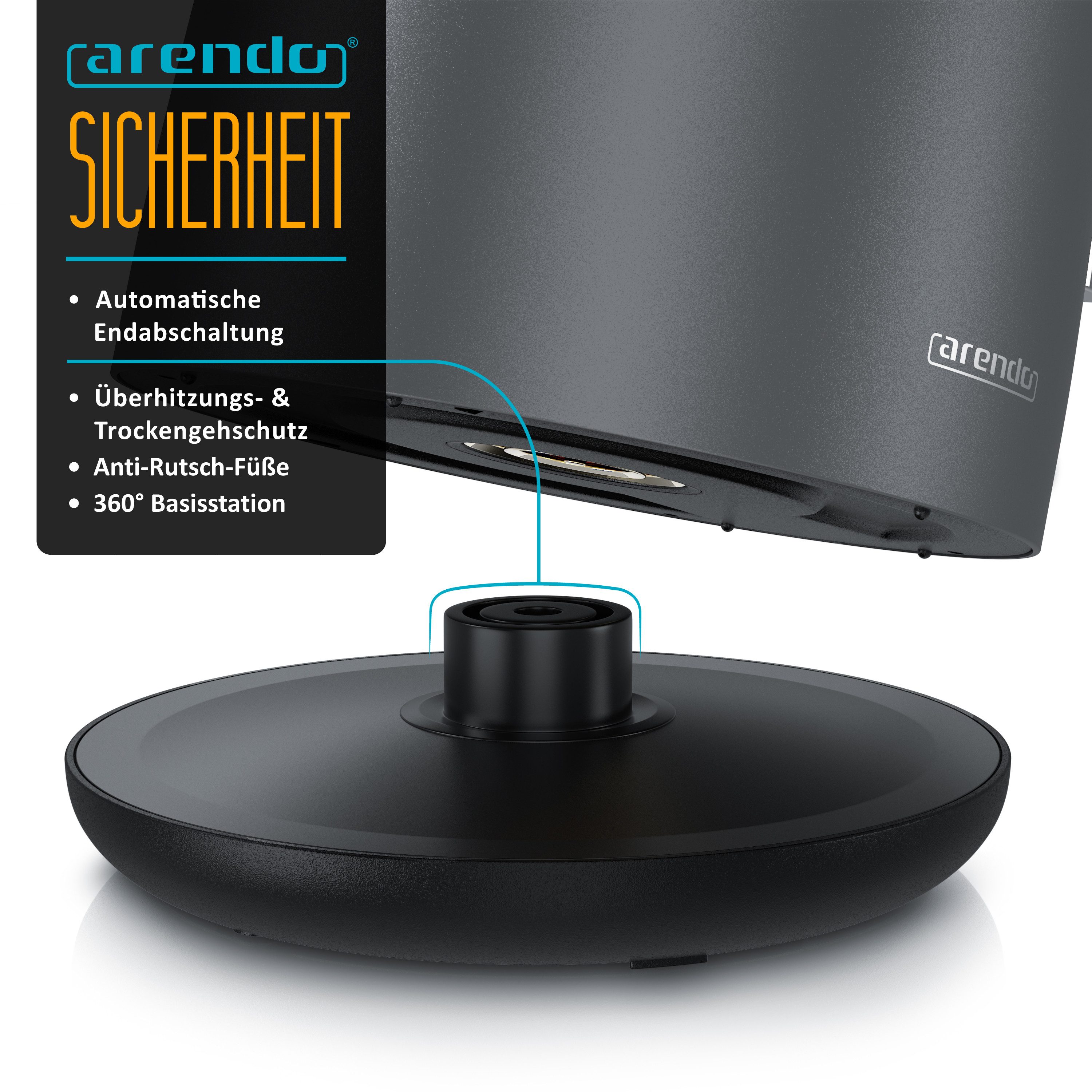 Arendo Wasserkocher aus Edelstahl, Doppelwand-Design, 360° Controller, Cool Grey Matt, 1,5 l, 2200 W, Teekocher, Cool-Touch-Griff, Überhitzungsschutz, BPA-frei, – Bild 5 von 5