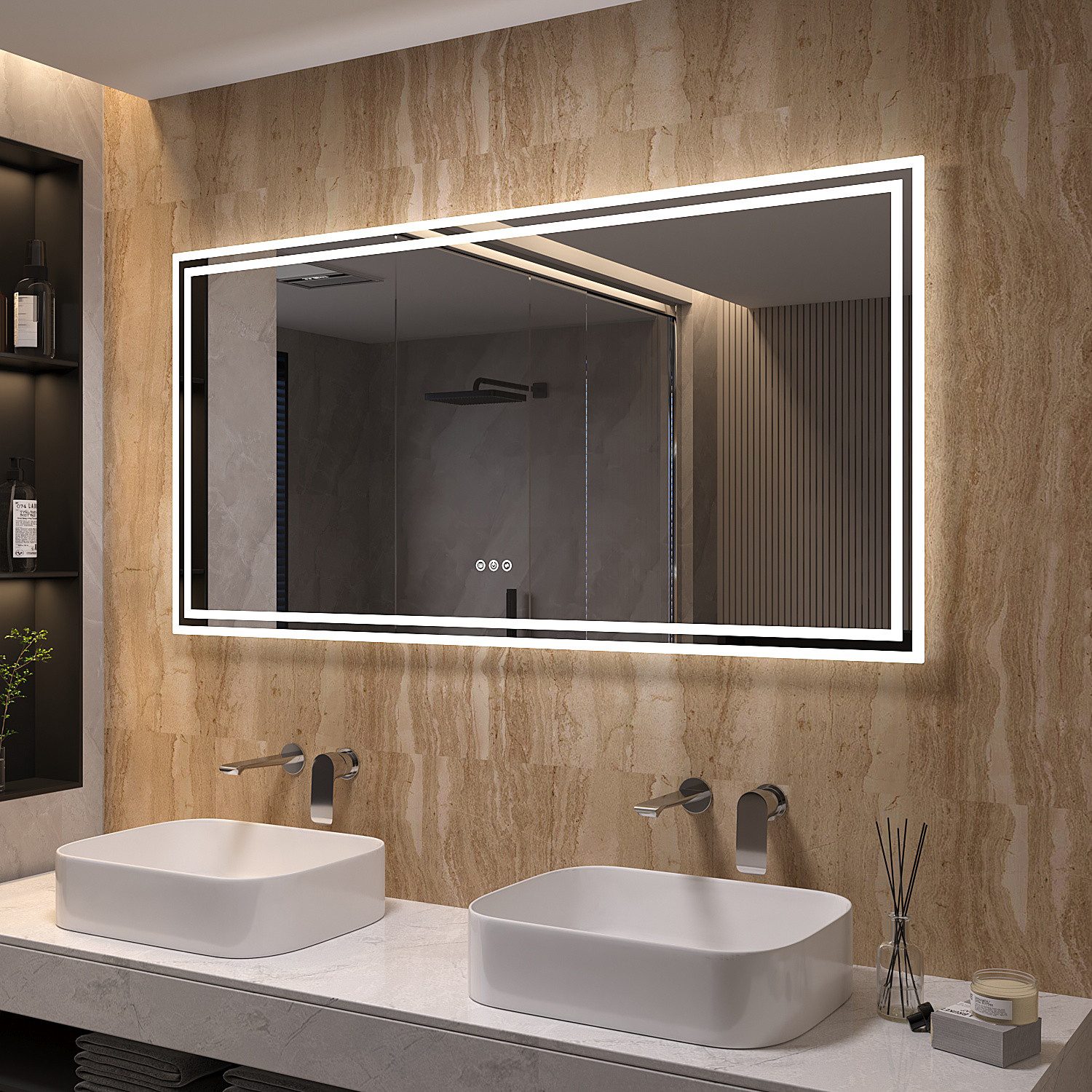 AQUABATOS Badspiegel LED Badspiegel IP44 mit Touchschalter Dimmbar Abgerundete/Scharfe Ecke (LED Badspiegel 160x70 140x70 100x70 cm mit Beleuchtung Lichtspiegel LED Spiegel Kosmetikspiegel Rasierspiegel Bad Spiegel mit licht beleuchtet 3 Lichtfarben, IP44, Energiesparend), großformatiger Badezimmerspiegel, Dimmbar,Beschlagfrei,Memory-Funktion