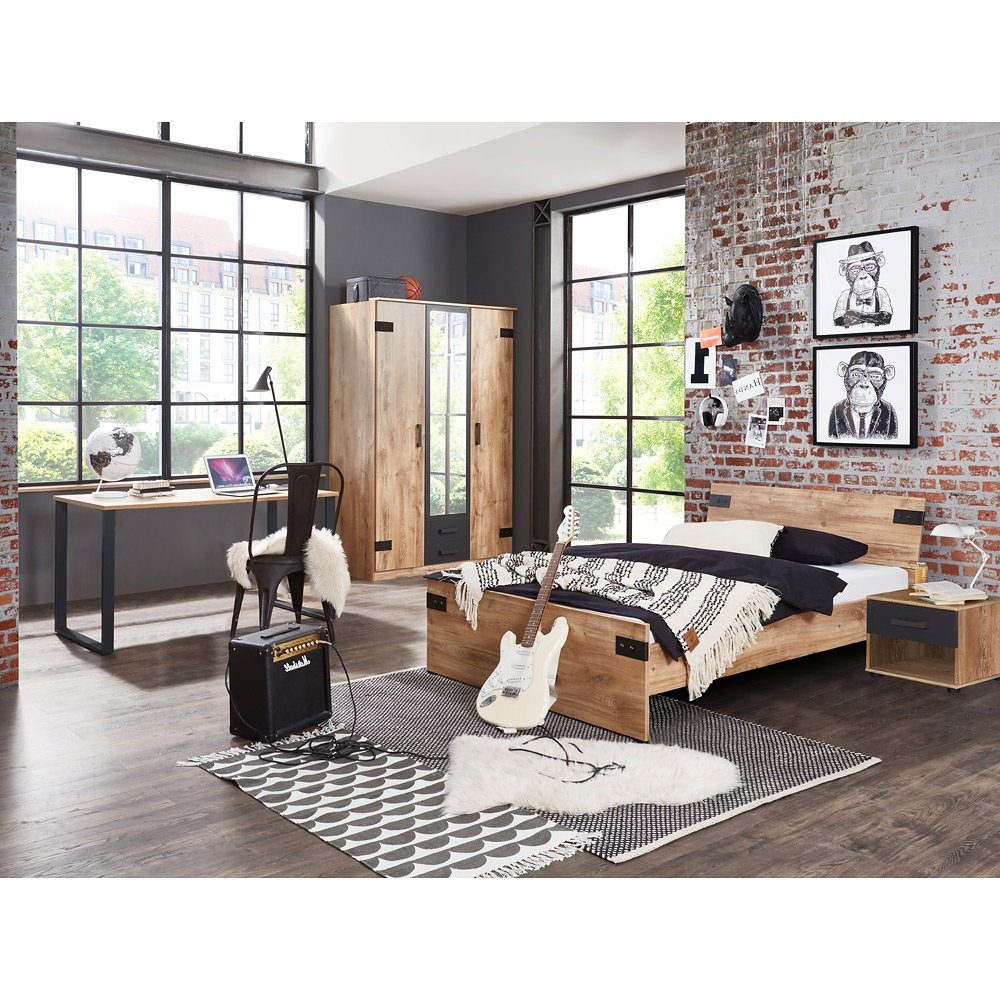Lomadox Jugendzimmer-Set EVERTON-43, (Sparset, 4-tlg), mit Bett 90cm, Eiche  mit graphit, Plankeneiche Nb. mit graphit, Details und Griffe in schwarz