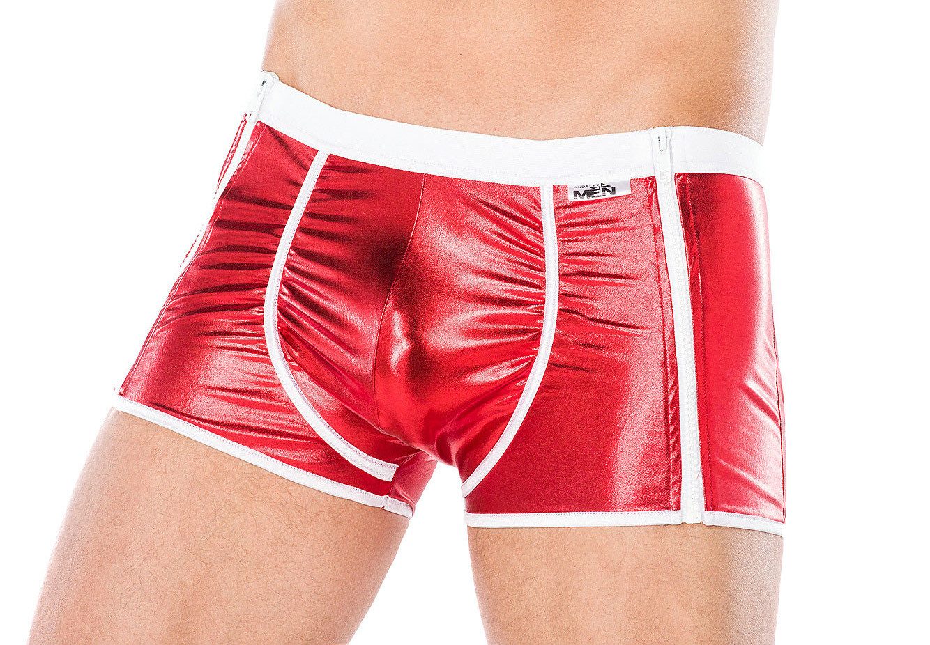 Andalea Boxershorts Herren Dessous Boxershorts rot aus wetlook Material mit weißem Reißver