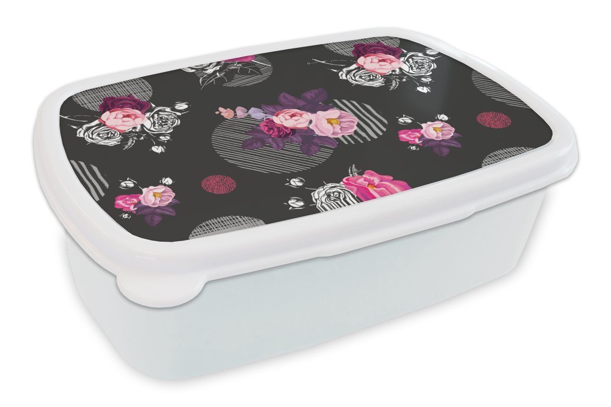 MuchoWow Lunchbox Rosen - Blumen - Muster, Kunststoff, (2-tlg), Brotbox für Kinder und Erwachsene, Brotdose, für Jungs und Mädchen weiß