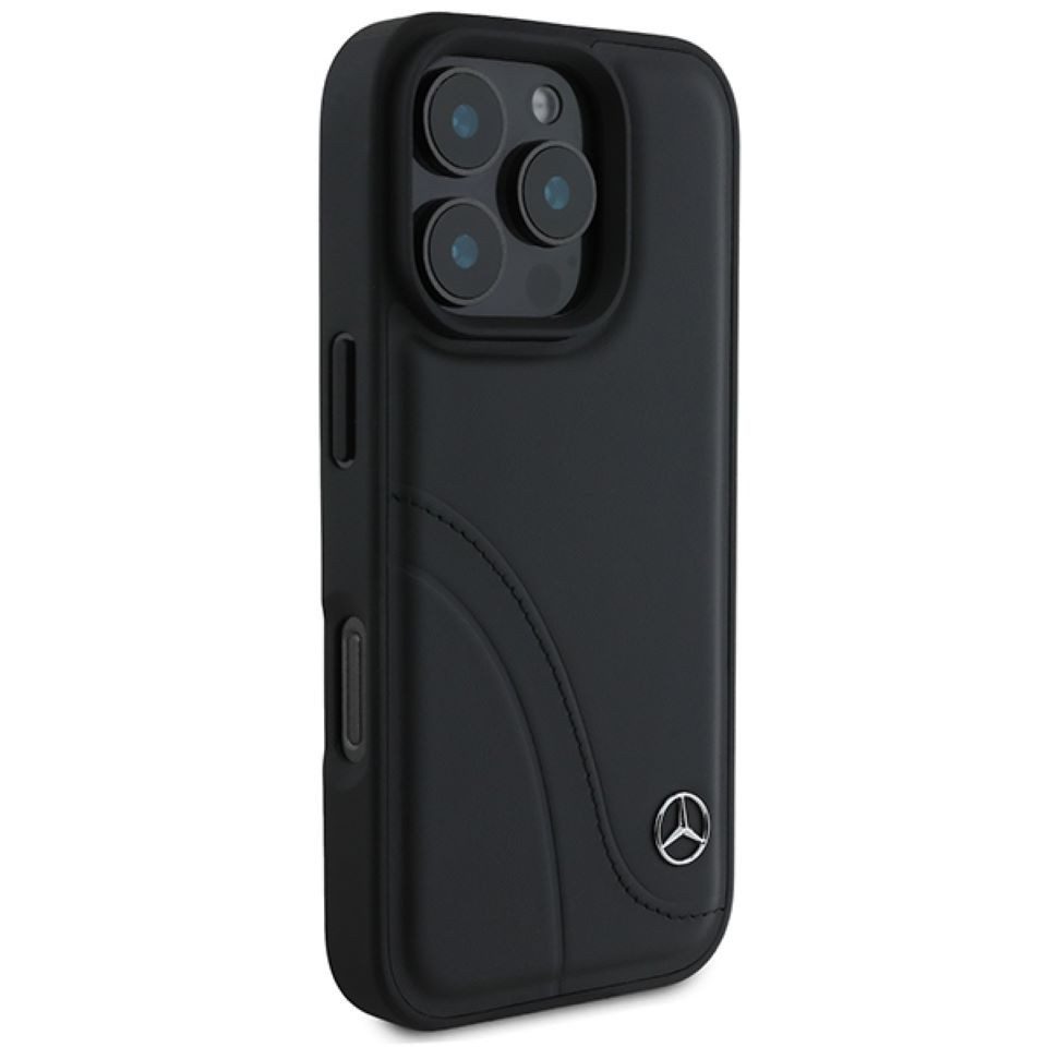 Mercedes Benz Handyhülle iPhone 16 Pro Echtleder schwarz Stern Metall – Bild 4 von 5