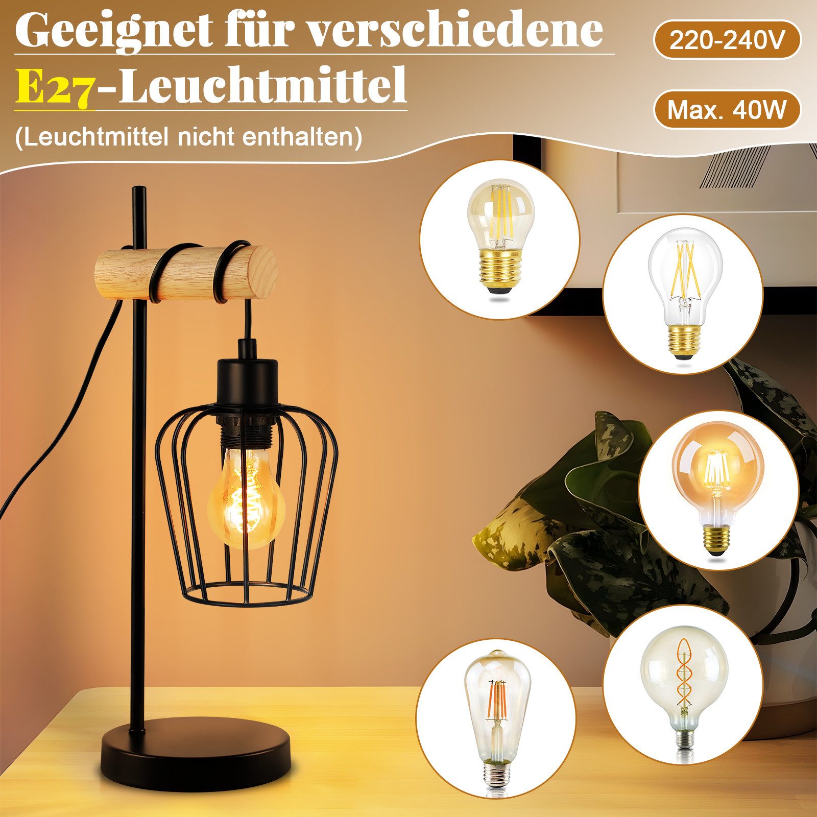 ZMH Tischleuchte Wohnzimmer Retro Schwarz-Holz Nachttischlampe günstig online kaufen