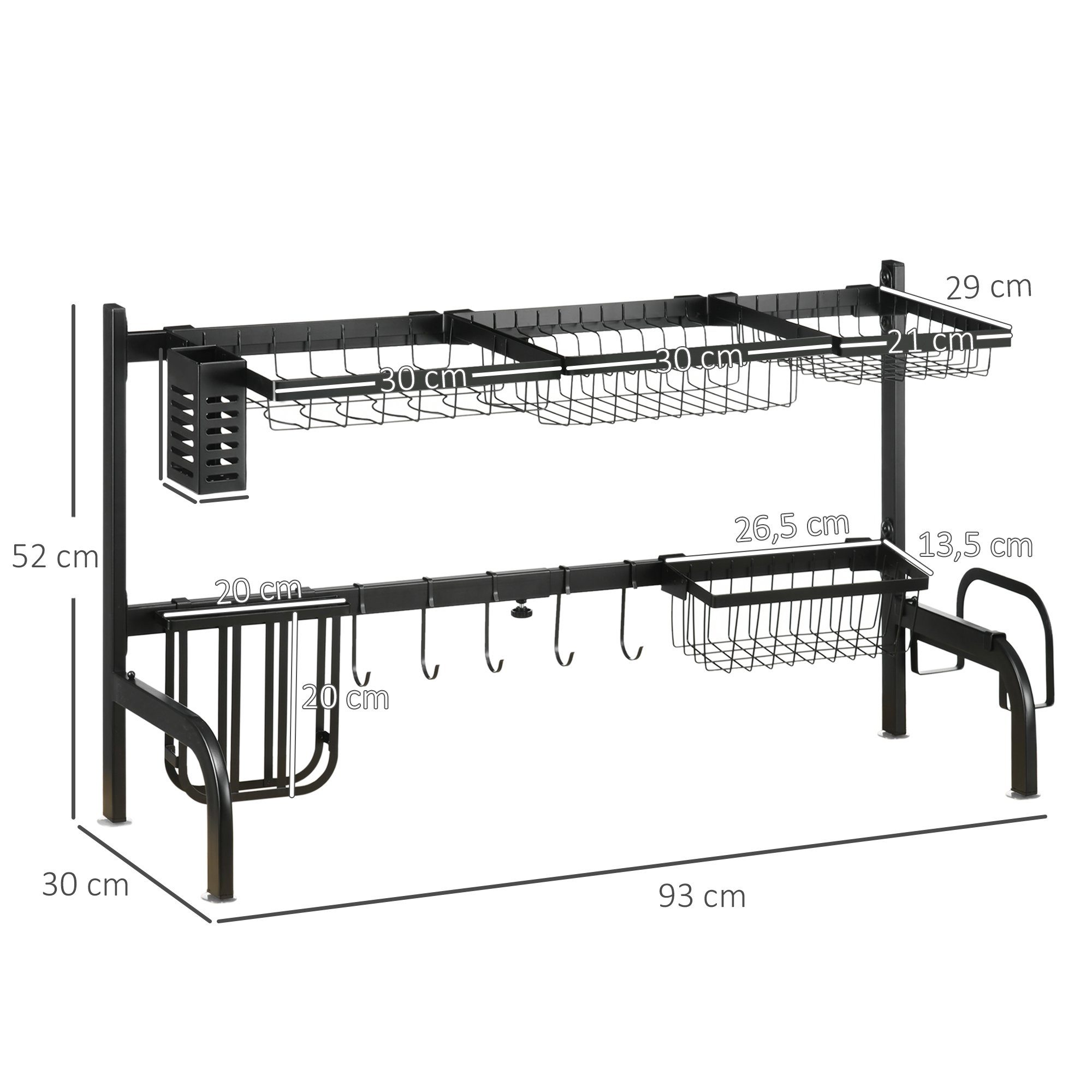 HOMCOM Geschirrständer Abtropfgestell Geschirr, 2-stufiges Abtropfgitter Gestell, Zubehör für Messer, Papierhandtücher, Essstäbchen, 51-93 cm Abtropfschale für Küchen Spüle, Stahl, Schwarz