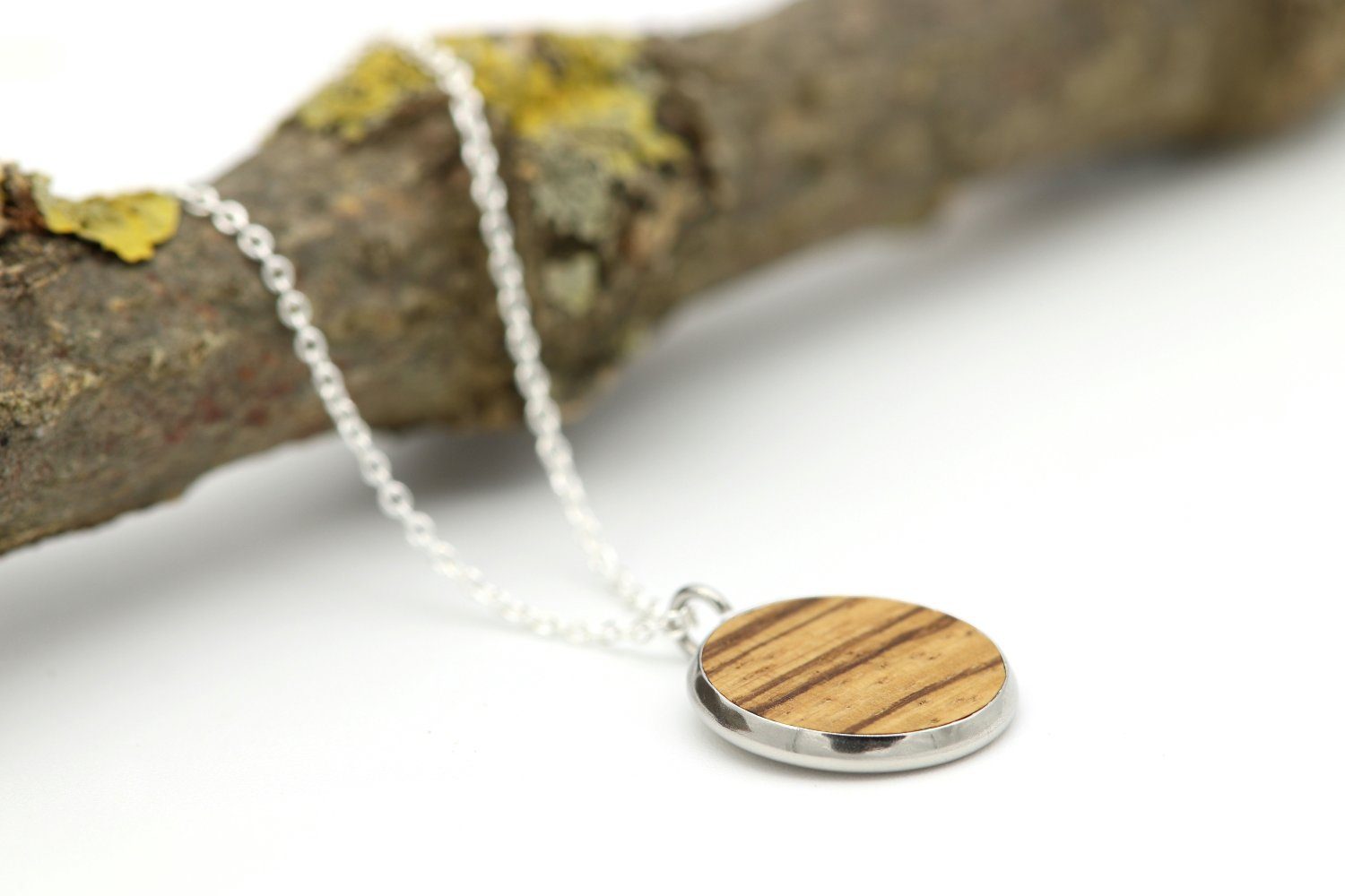 Holzmedaillon Kette Halskette Holzanhänger), 925 Anhänger (Amulett 50cm Silberkette Circle mit NaturSchatulle Light