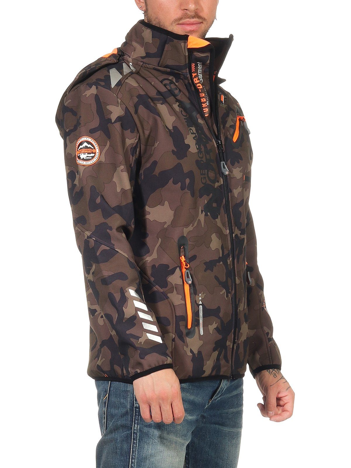 Herren Softshelljacke Sport leyoley abnehmbarer Windbreaker, Übergangsjacke, / Jacke Geographical G-River Norway Geographical - Kapuze, Norway Softshelljacke Khaki Orange Camo by mit Wander