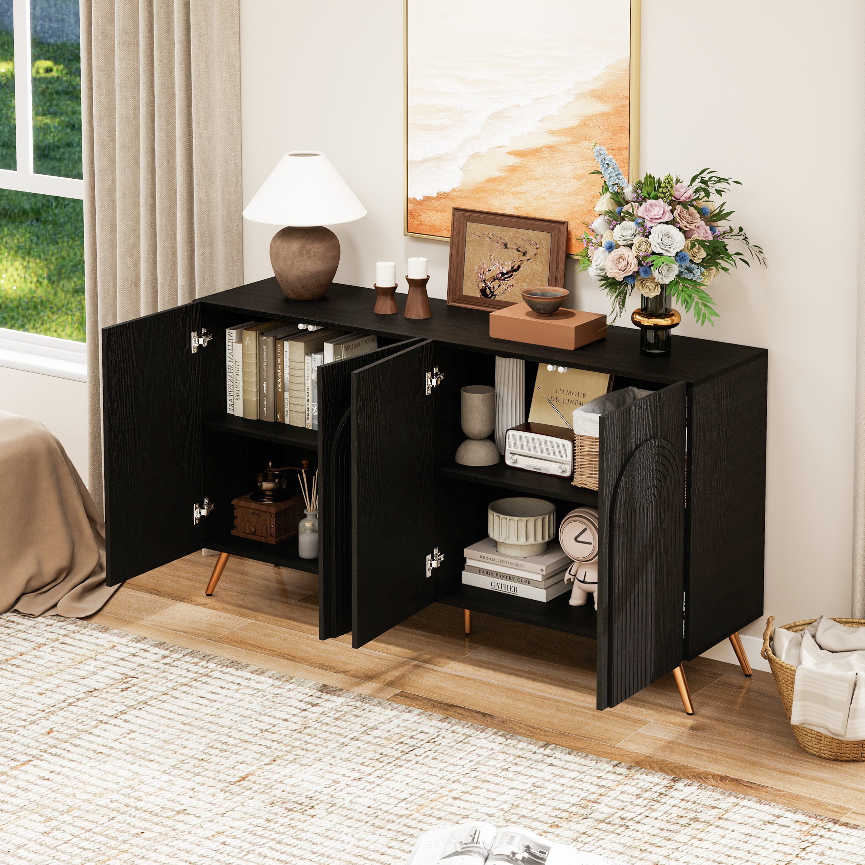 HAUSS SPOLE Sideboard Sideboard mit verstellbarem Einlegeböden,Flurschrank Metallfüß,Schwarz (Wohnzimmerschrank Beistellschrank mit höhenverstellbaren Einlegeböden und Metallfüßen), mit 3D-Vertikalrillen